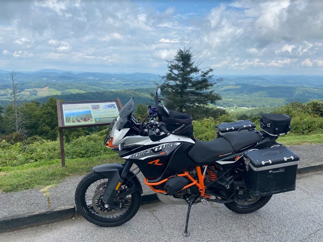 The KTM 1190 Adventure R on Blue Ridge Parkway during my three-day road-ripping trip to the Say No To Slow school. The bike truly does double duty, although I did have to swap tires for the school. 