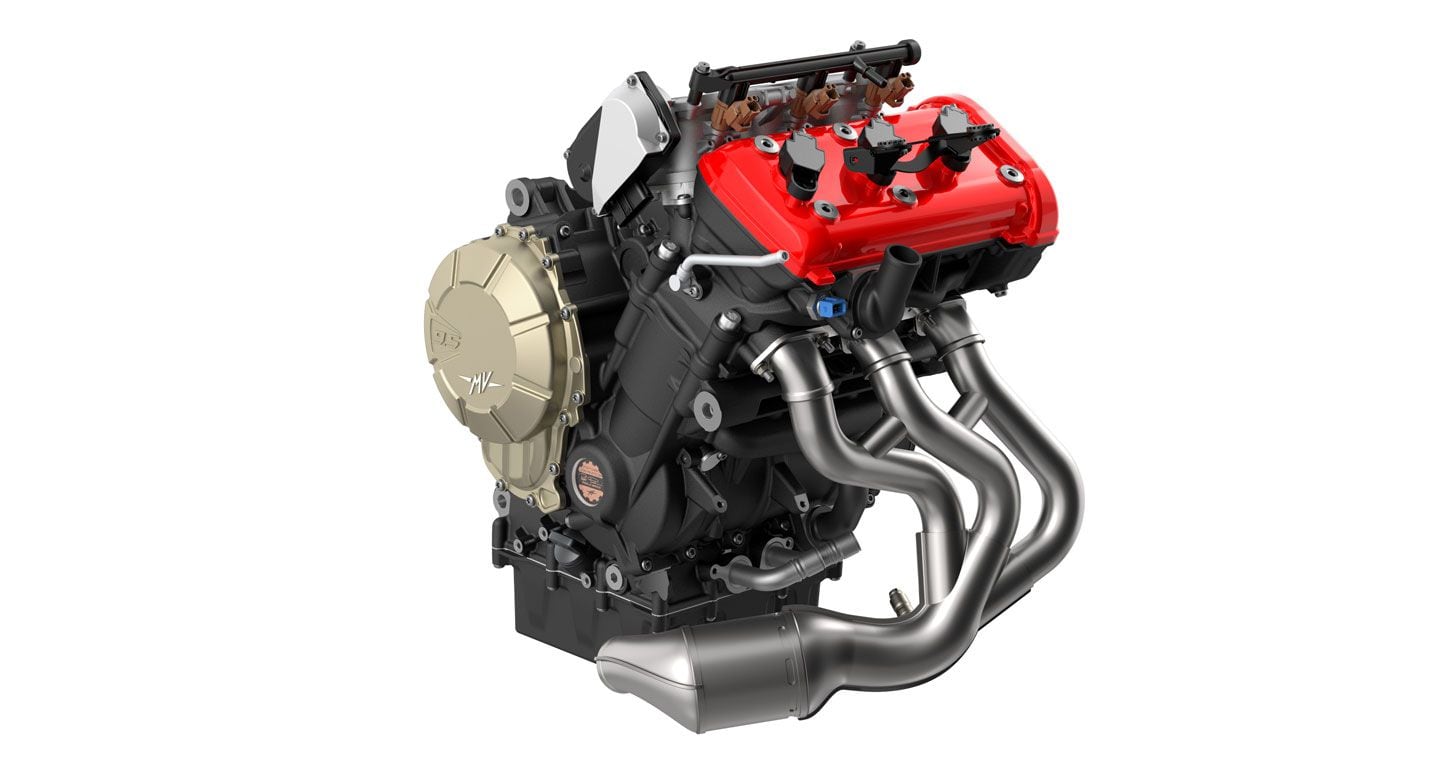 The 931cc inline-three in the Enduro makes a claimed 124 hp at 10,000 rpm.