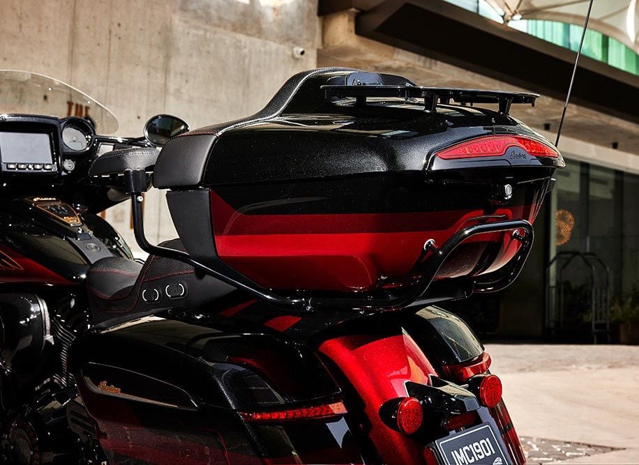 You get 36 gallons of remote-locking weatherproof storage between the trunk and the saddlebags; the bags also feature integrated auxiliary LED lights to improve the bike’s visibility to other motorists at night.