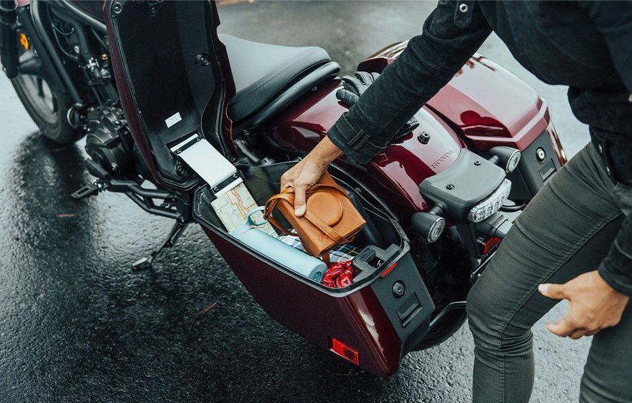 The weather-resistant saddlebags are top loading and lockable, and provide 35 liters of capacity (combined).