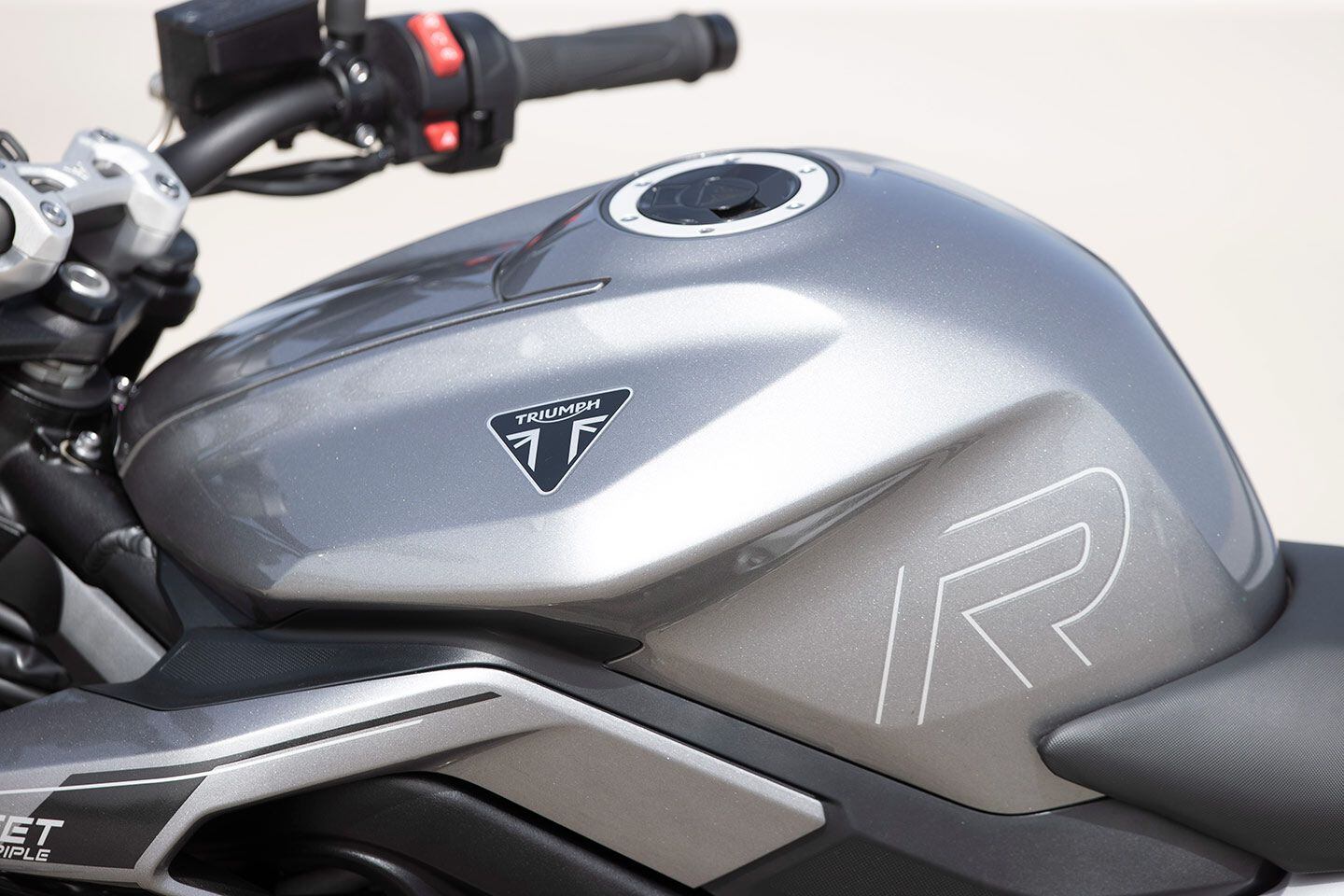 Styling updates give the Street Triple 765 a sharper appearance. Unfortunately, that aggressive appearance comes at the expense of a larger fuel tank. The new tank is just 3.96 gallons.