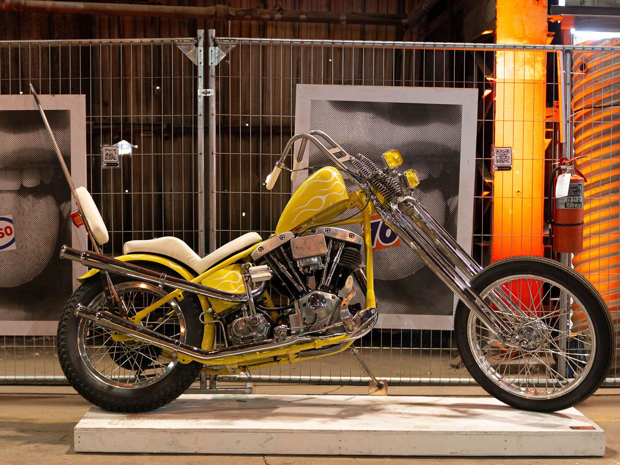 A long extended springer kicks up the stance on Collin’s ’73 Shovelhead chopper.