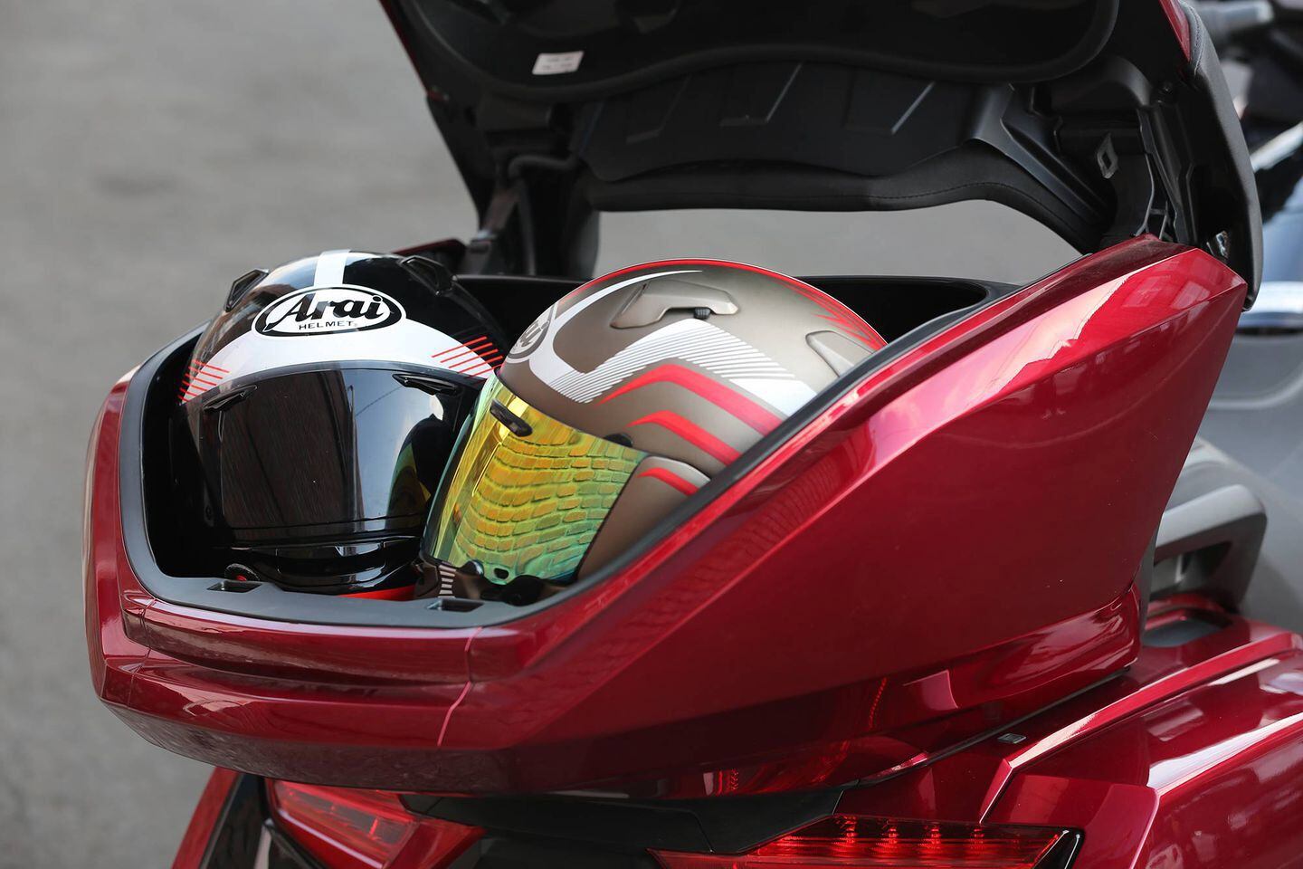 Two full-face helmets will now fit easily in the trunk of the 2021 Gold Wing.