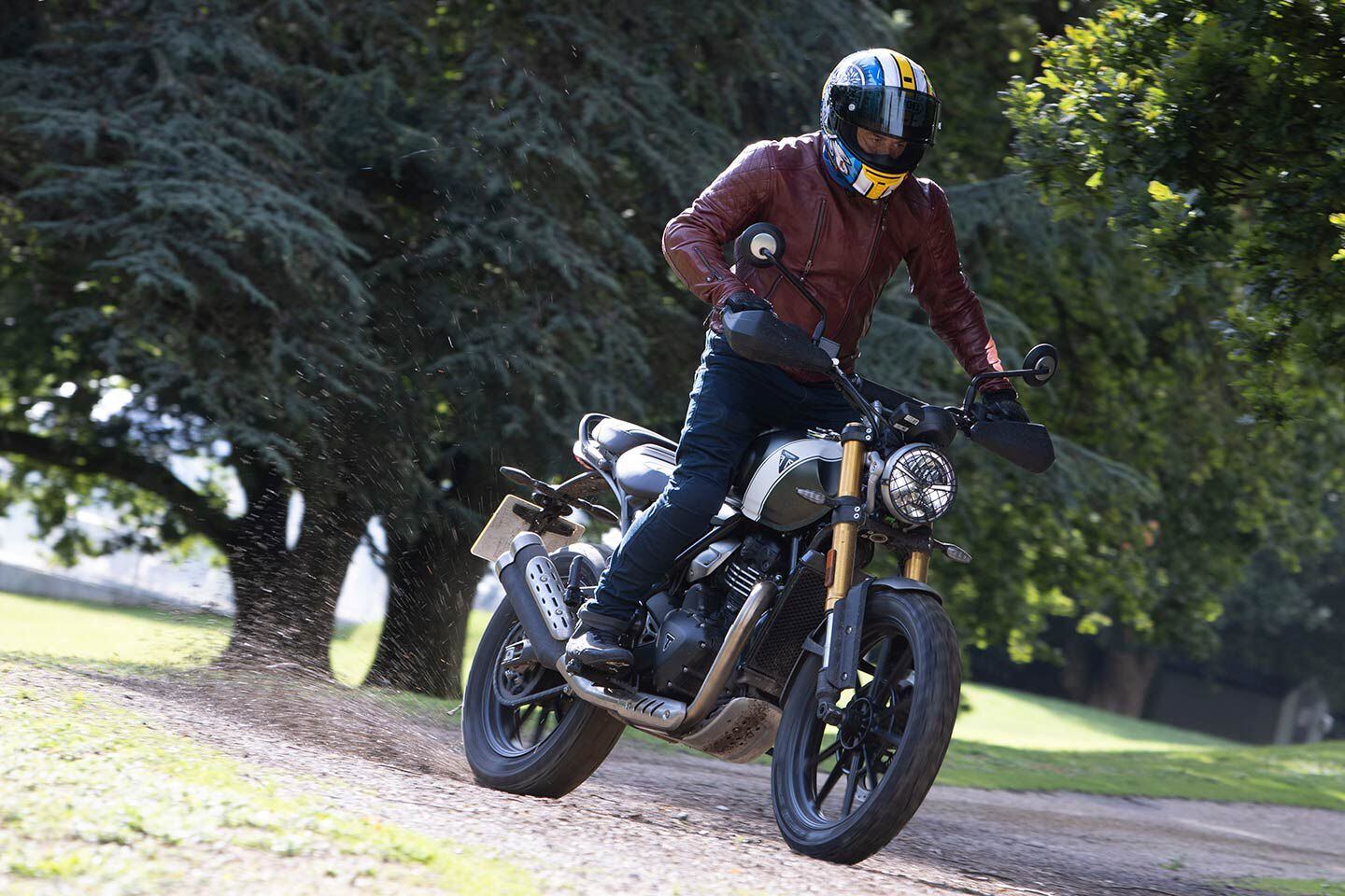 There’s enough oomph to spin up the 17-inch rear tire on the Scrambler 400 X.