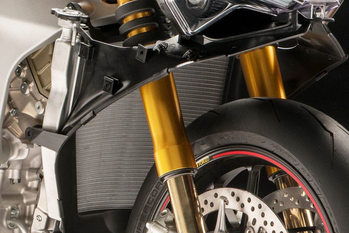 Thin, curved radiators (coolers) are now commonplace on sportbikes.