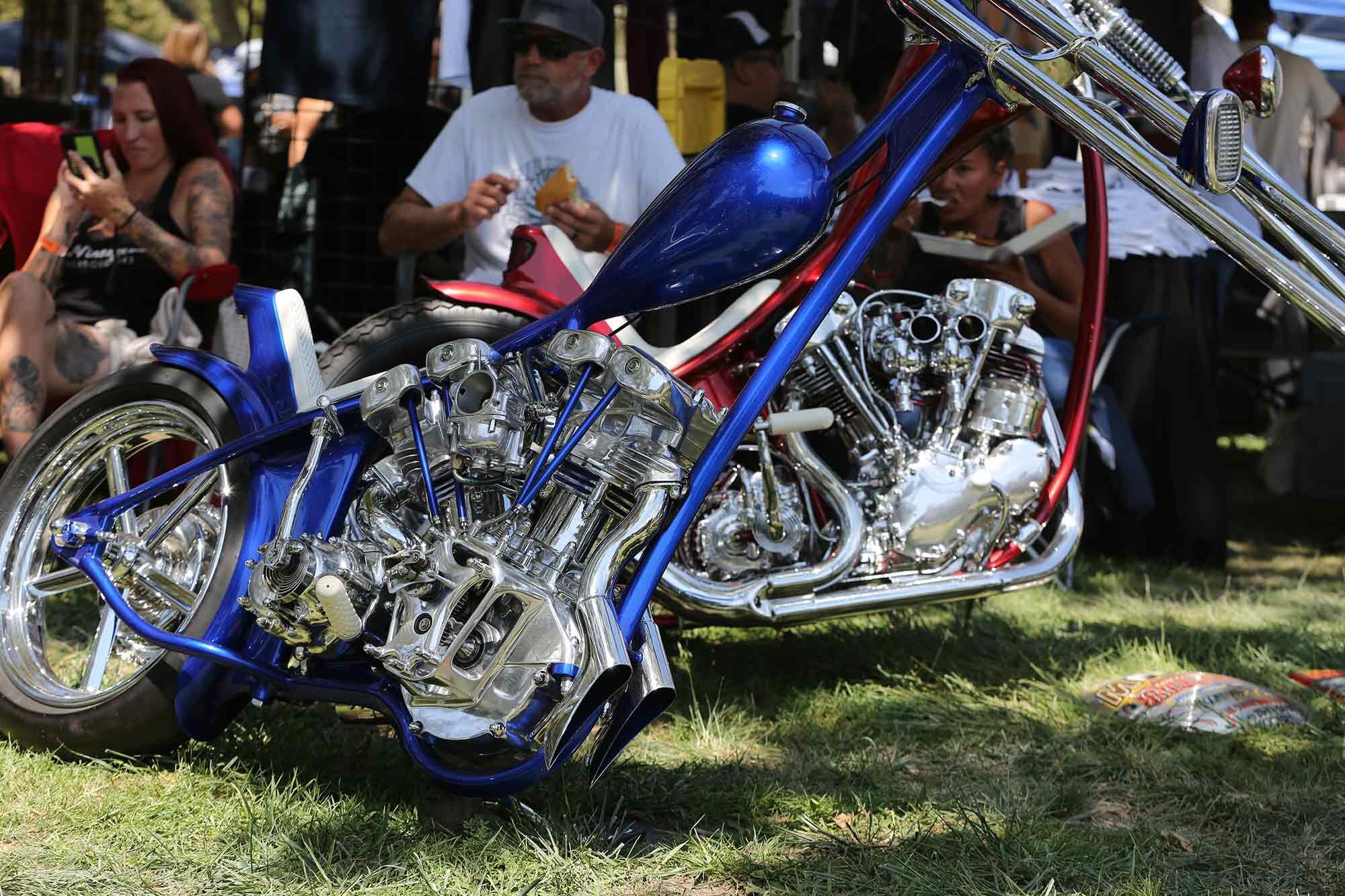 Invited builds from previous years always show up. This wild Shovelhead cutaway is one of them.