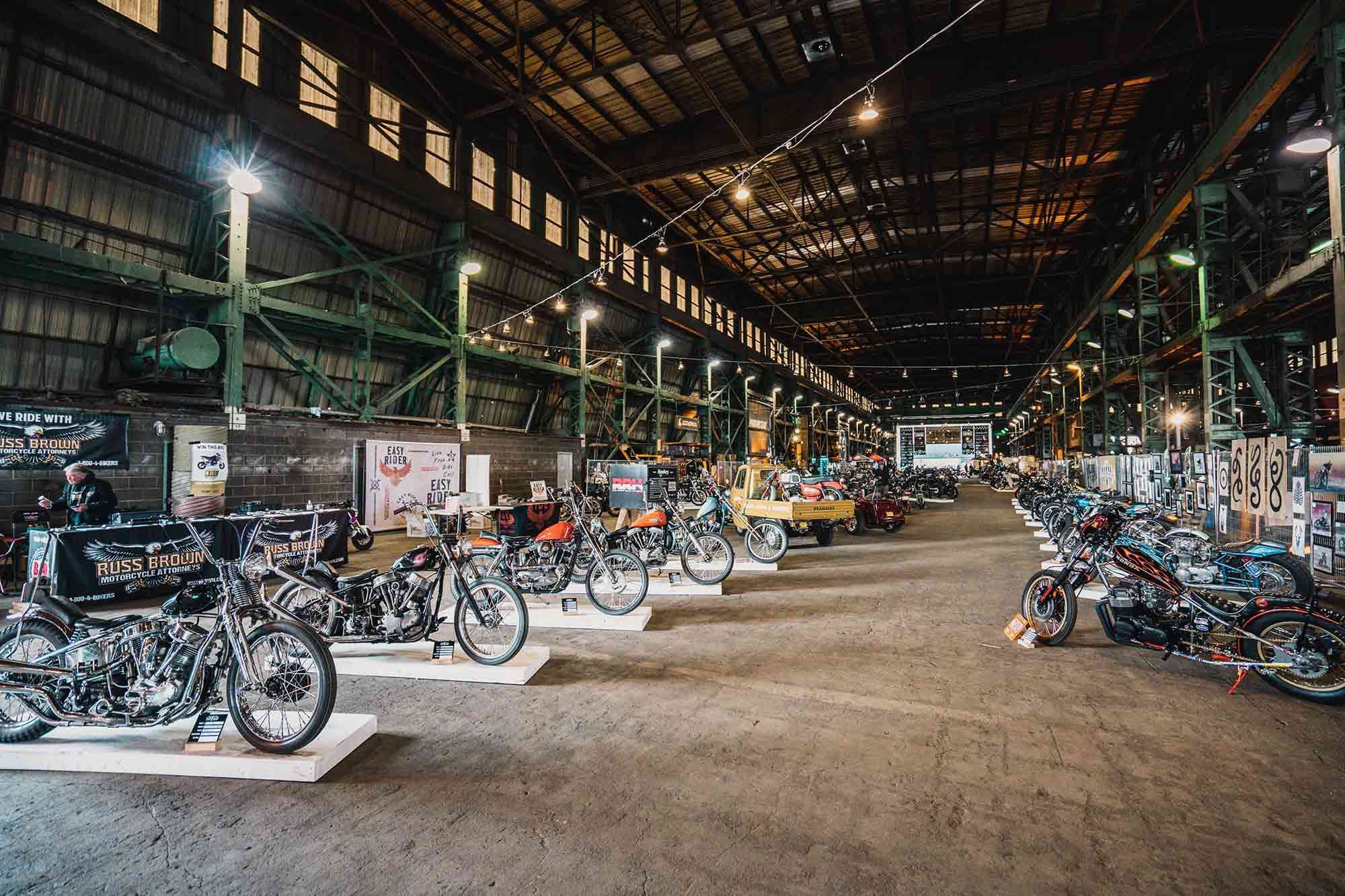 V-twins and choppers line the walls of the barge building.