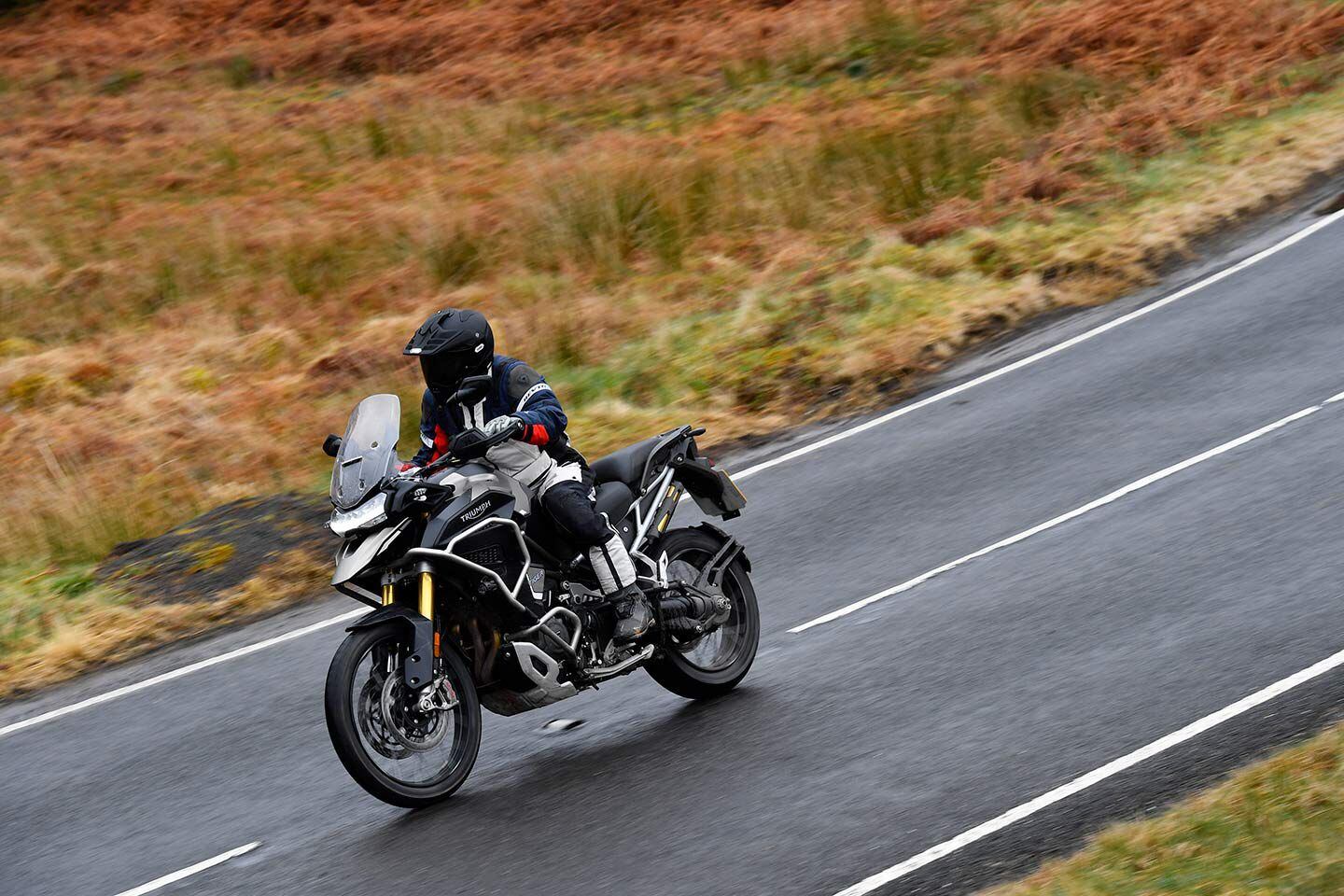 Triumph divides the Tiger 1200 family in two. The Rally versions (pictured) are more off-road oriented with 21-inch (front) and 19-inch (rear) spoked wheels and longer-travel suspension. They also include an aluminum skid plate and full-coverage crashbars. The GT versions have 19-inch (front) and 18-inch (rear) cast aluminum wheels, and a shorter seat height due to less suspension travel.