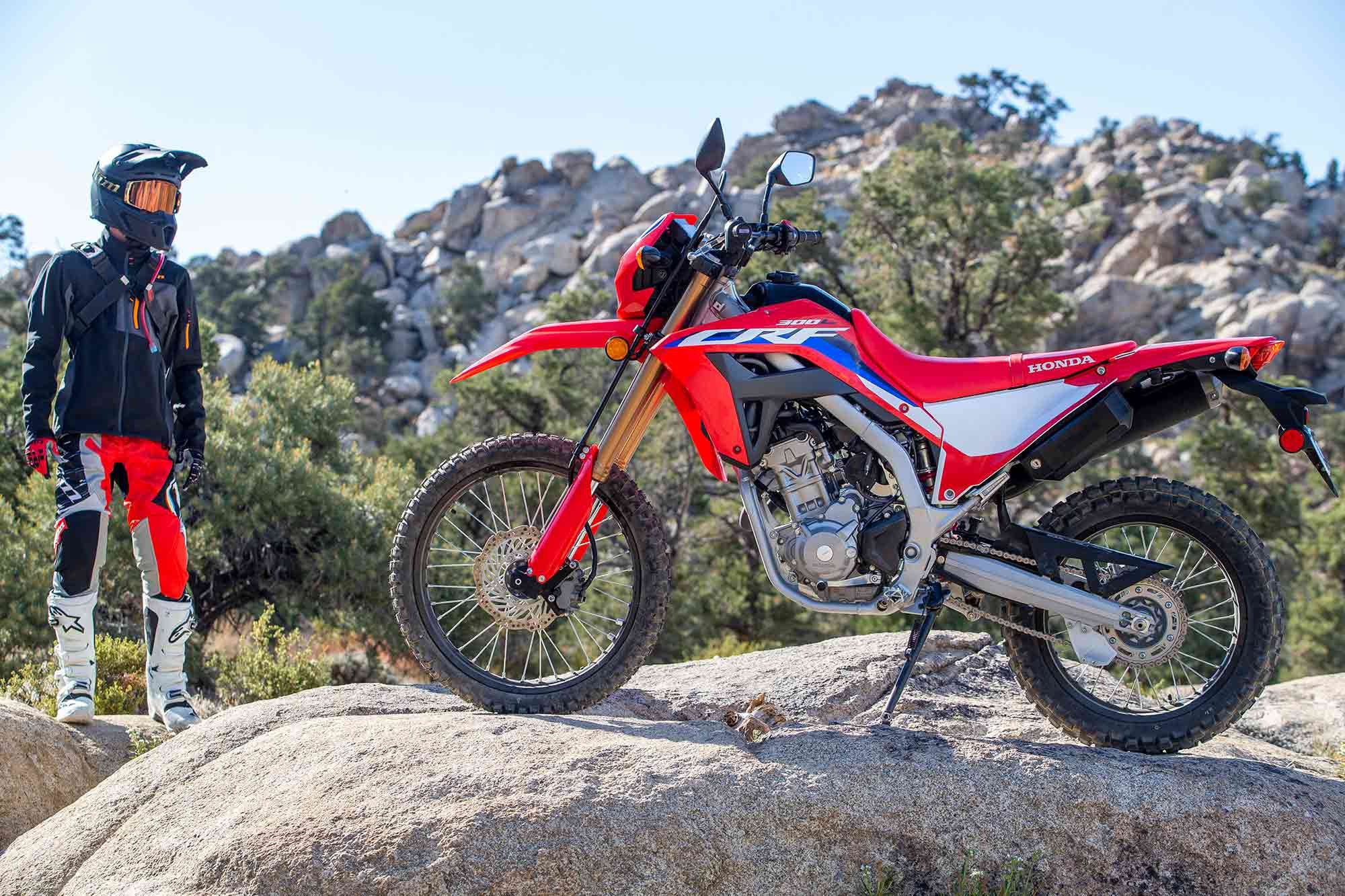 Formerly the CRF250L, the dual sport boasts a 36cc displacement increase, updated gear ratios ratios in the six-speed transmission, more suspension travel, a less rigid frame and swingarm, new rear brake master cylinder, revised ergonomics, and more.