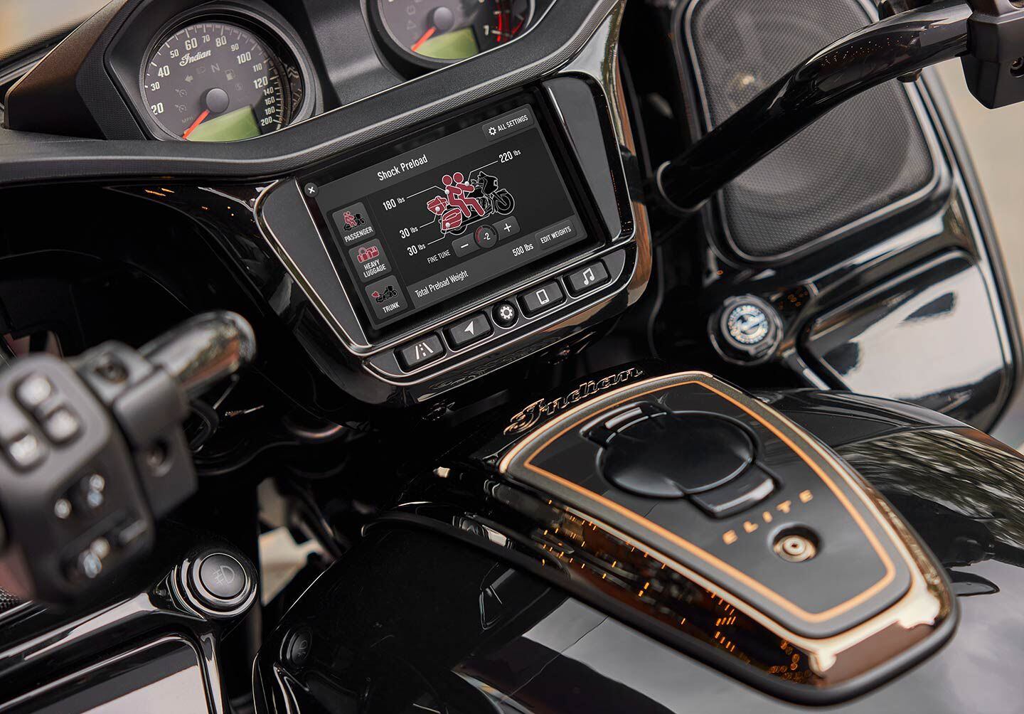 Premium accents on the Pursuit Elite console signify the bike’s limited-edition status. You can input settings for the standard electronically adjustable Fox rear shock from the 7-inch display.