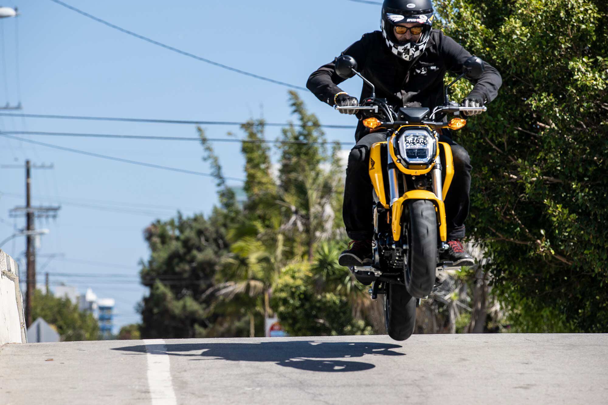 Things that would seem reckless on a larger motorcycle are just playful fun on the Grom.