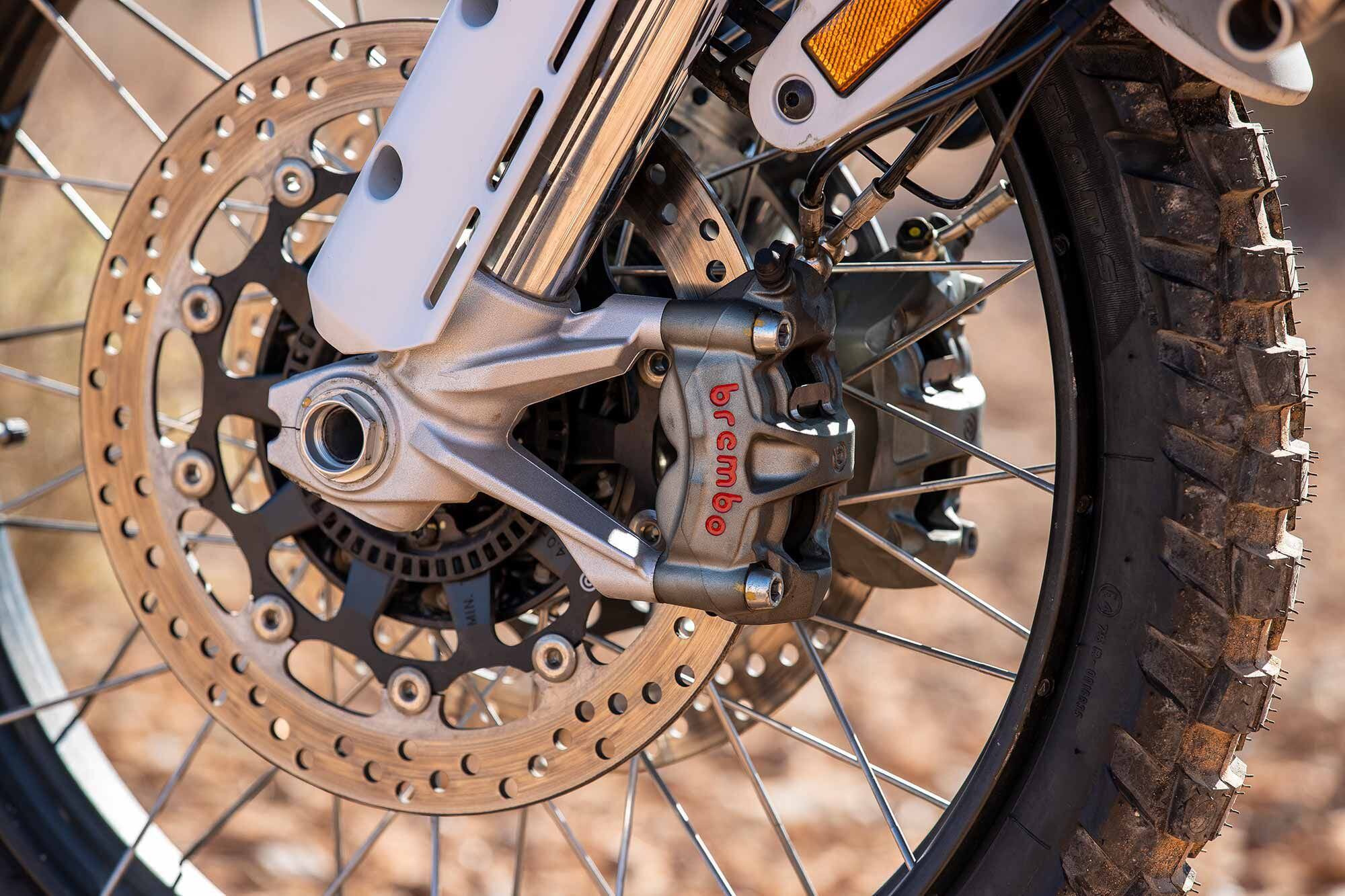 Despite phenomenal power and feel, the DesertX front brakes are less effective than they could be in the dirt due to early ABS intervention.