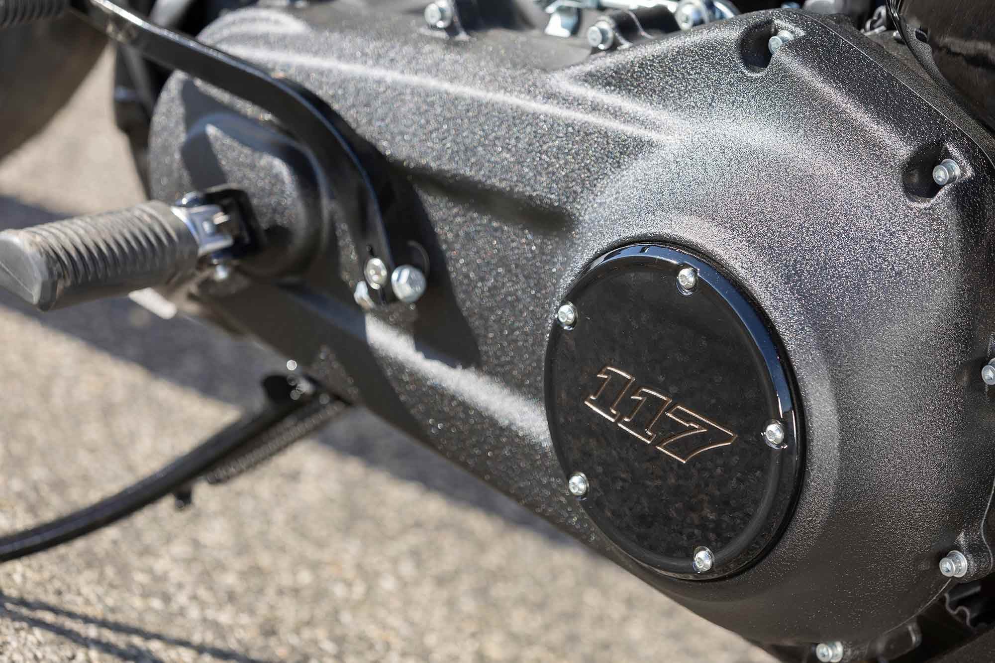 A cover on the side of the engine shows its displacement.