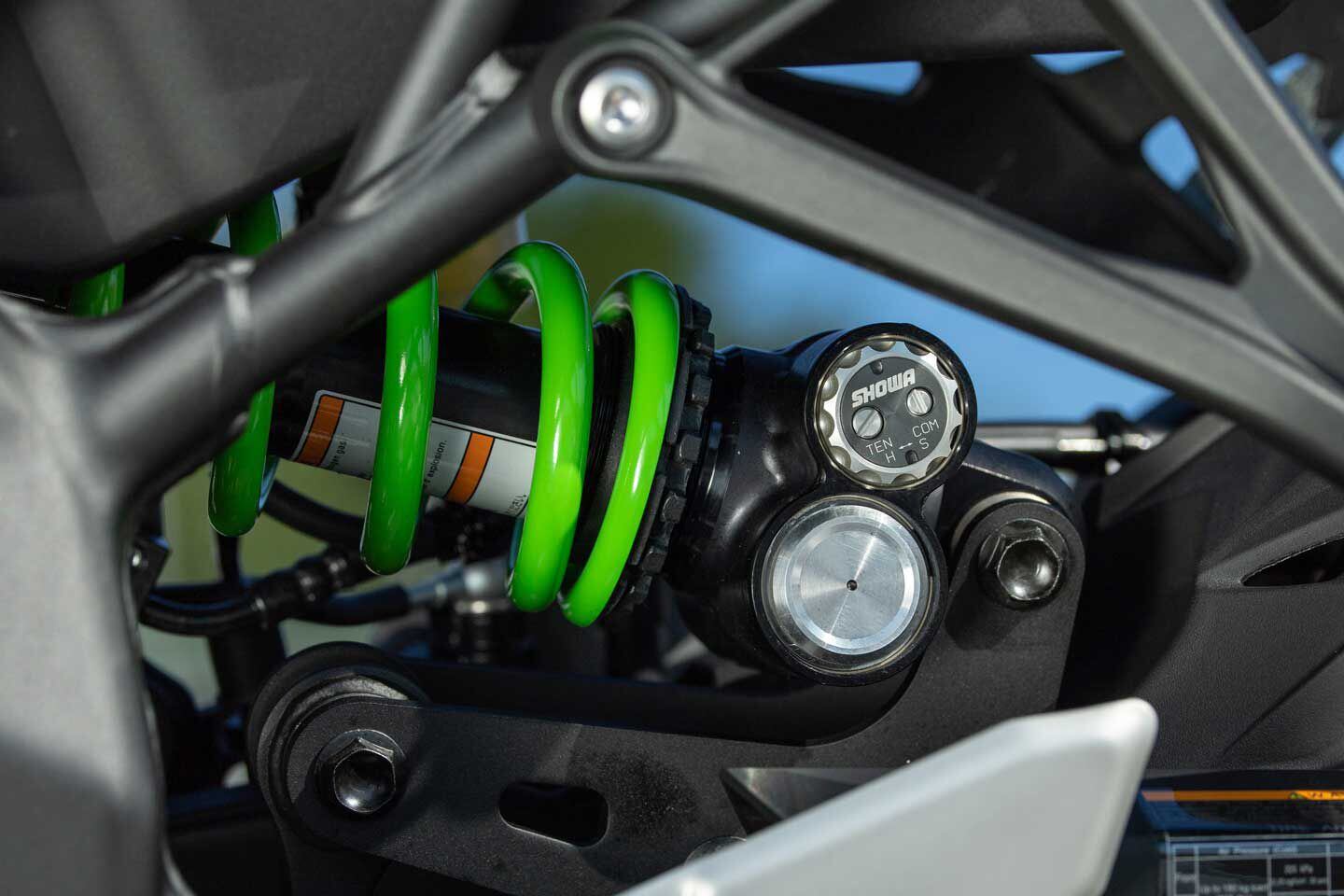 A fully adjustable Balance Free Rear Cushion shock is mounted to a link above the swingarm, which keeps it away from engine and exhaust heat.