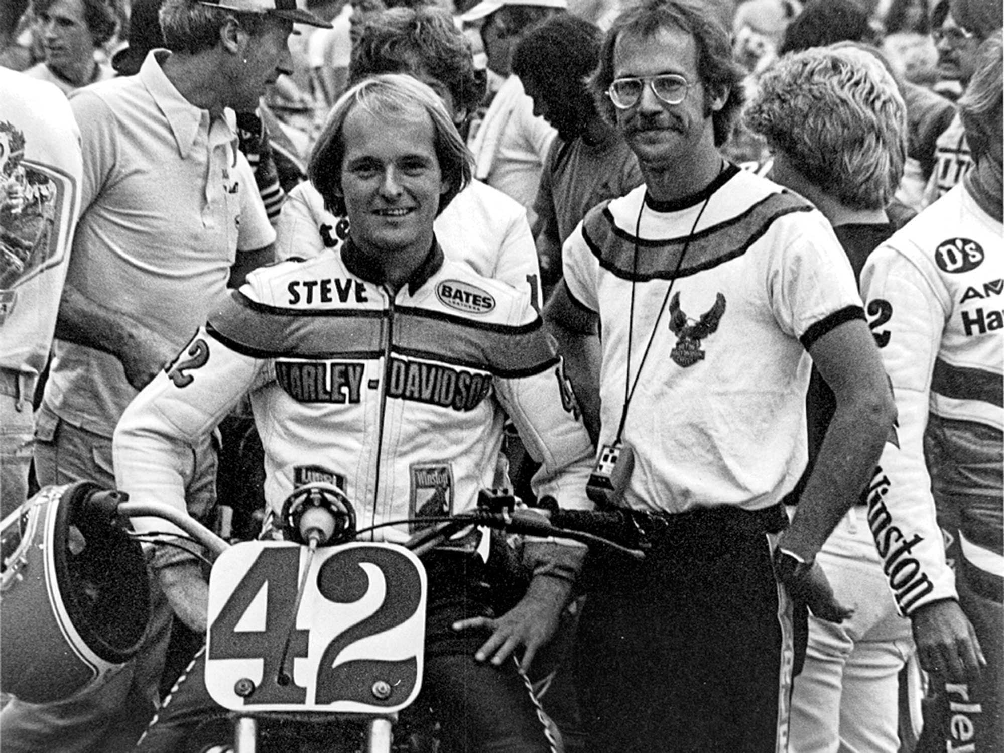 AMA flat-tracker Steve Morehead and H-D factory tuner Steve Storz, happy guys after winning the 1979 Syracuse Mile National and setting a new track record.