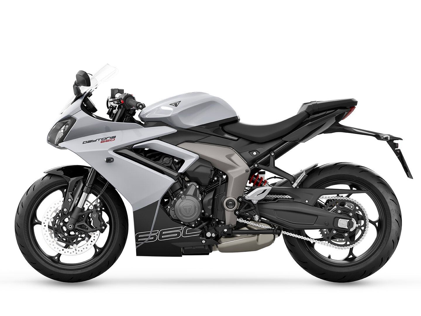 Left-side view of the Daytona 660 in Snowdonia White.