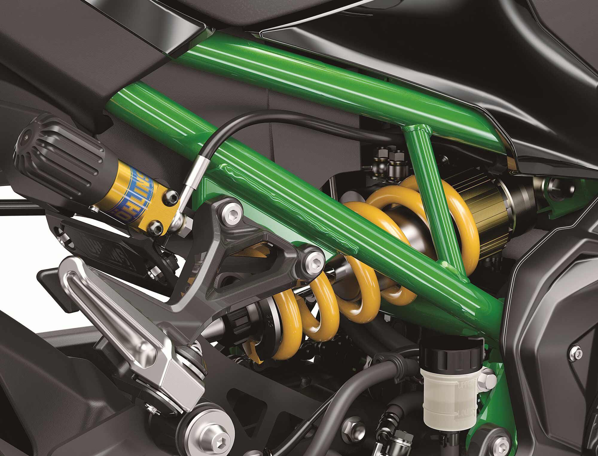 An Öhlins S46 shock juggles the rear, with a 46mm piston and a remote preload adjuster to help smooth out road defects.