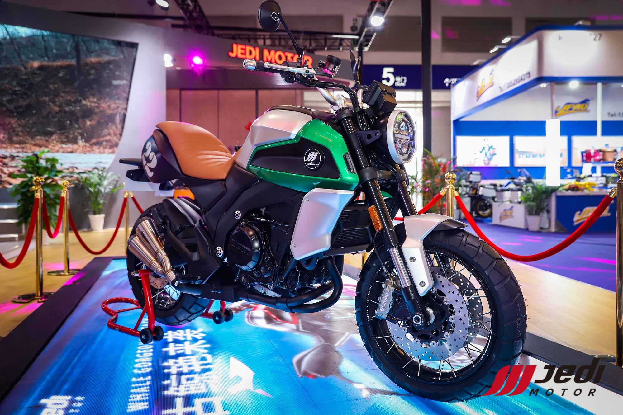 The brand’s JFR750 roadster is a new production model that was shown in two forms; this one is the scrambler-styled version.