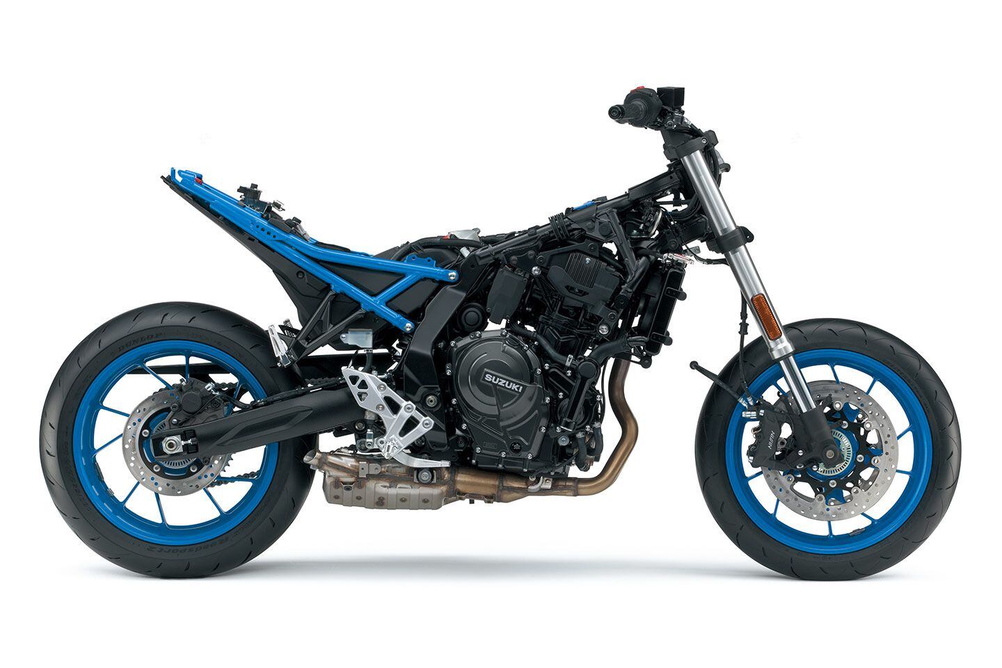 With the bodywork, seat, and tank removed, you get a much better look at the GSX-8S’ chassis.