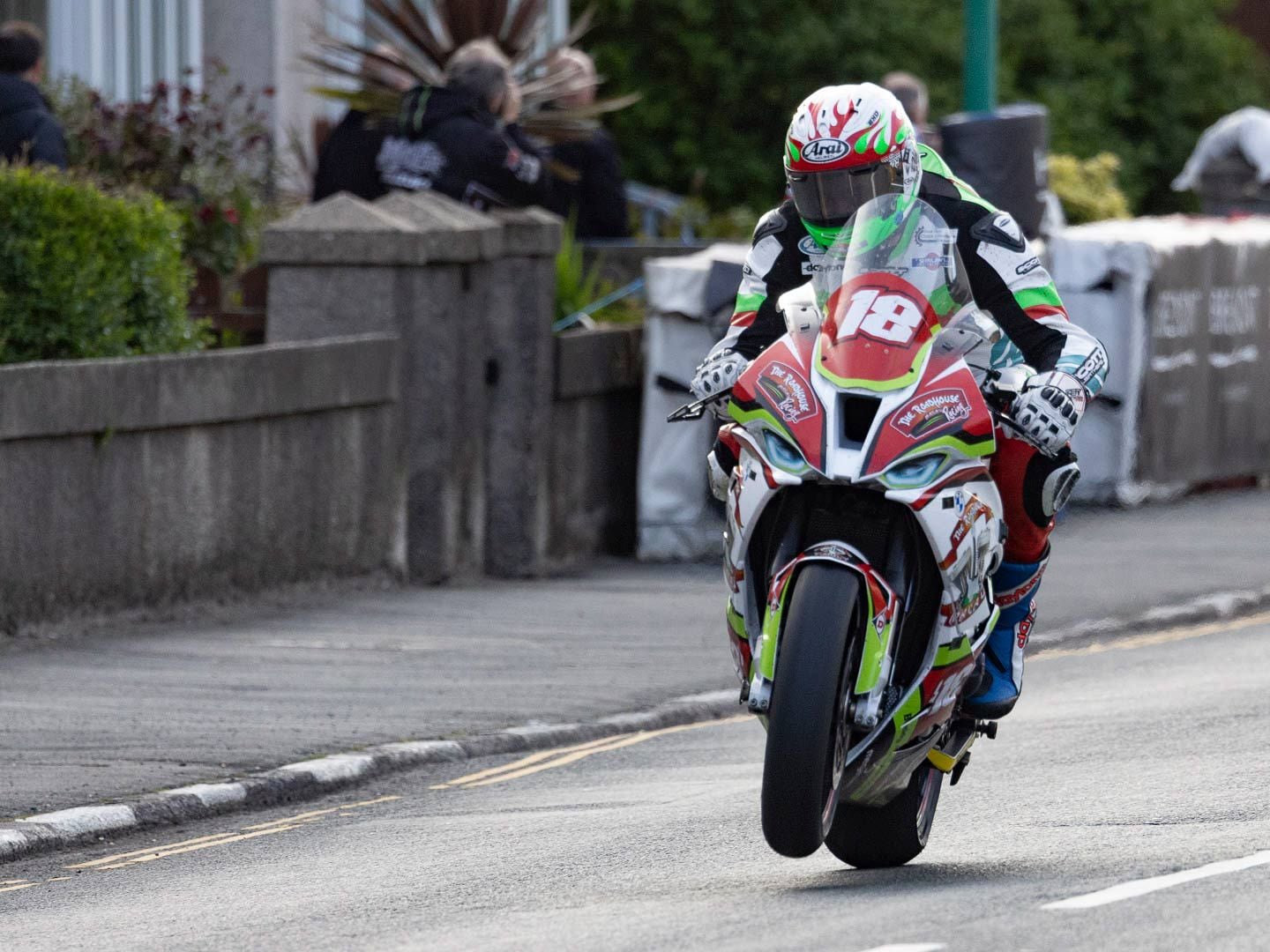 Veteran Irish Road Race Derek Shiels heads toward the Ramsey Hairpin on his BMW S 1000 RR.