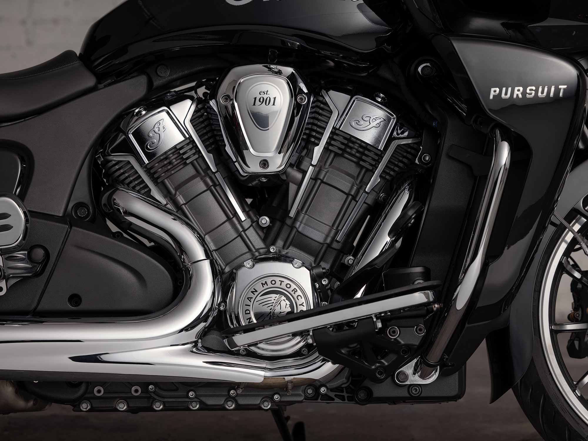 The liquid-cooled 1,768cc PowerPlus V-twin is virtually identical to the Challenger’s, and even though performance numbers appear to be unchanged, Indian says it has “refined calibration.”