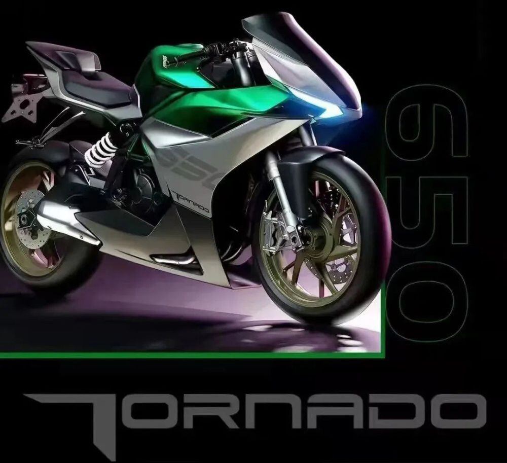 This sketch of the forthcoming Tornado 650 shows the same frame and four-cylinder engine as on the existing QJmotor 600cc model.