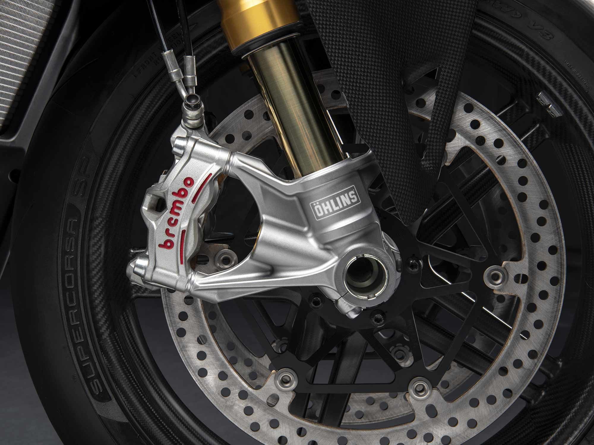 Brembo Stylema S four-piston calipers grip 330mm front discs.