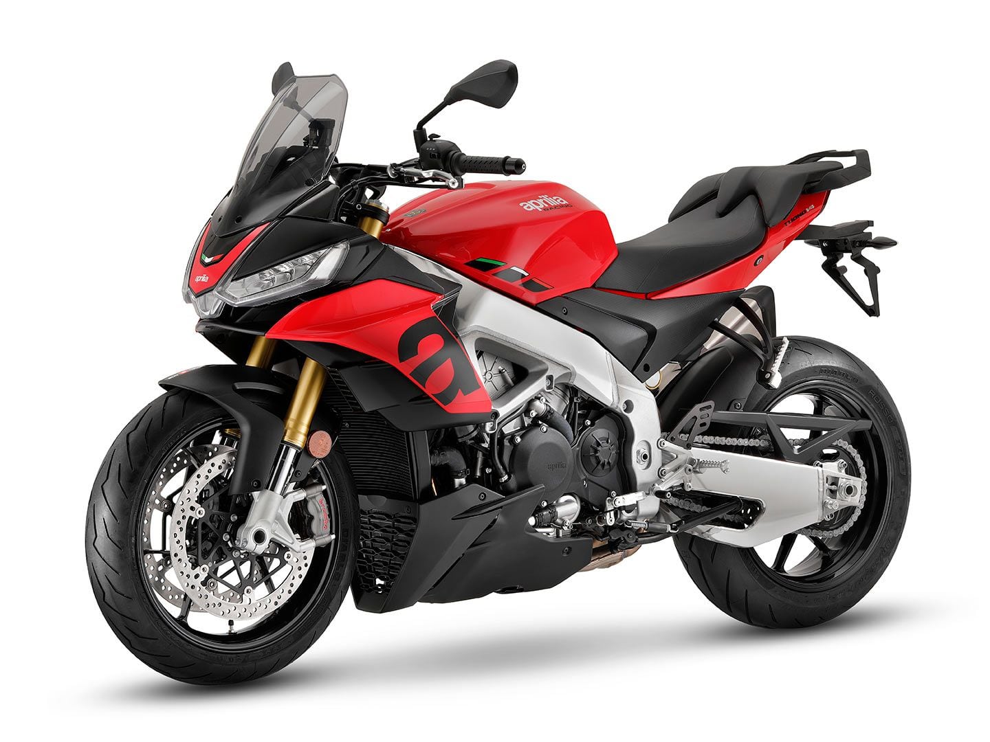 Tuono V4 components are derived from the RSV4 but the base model targets the sport-touring segment with a more upright riding position and tall windscreen.