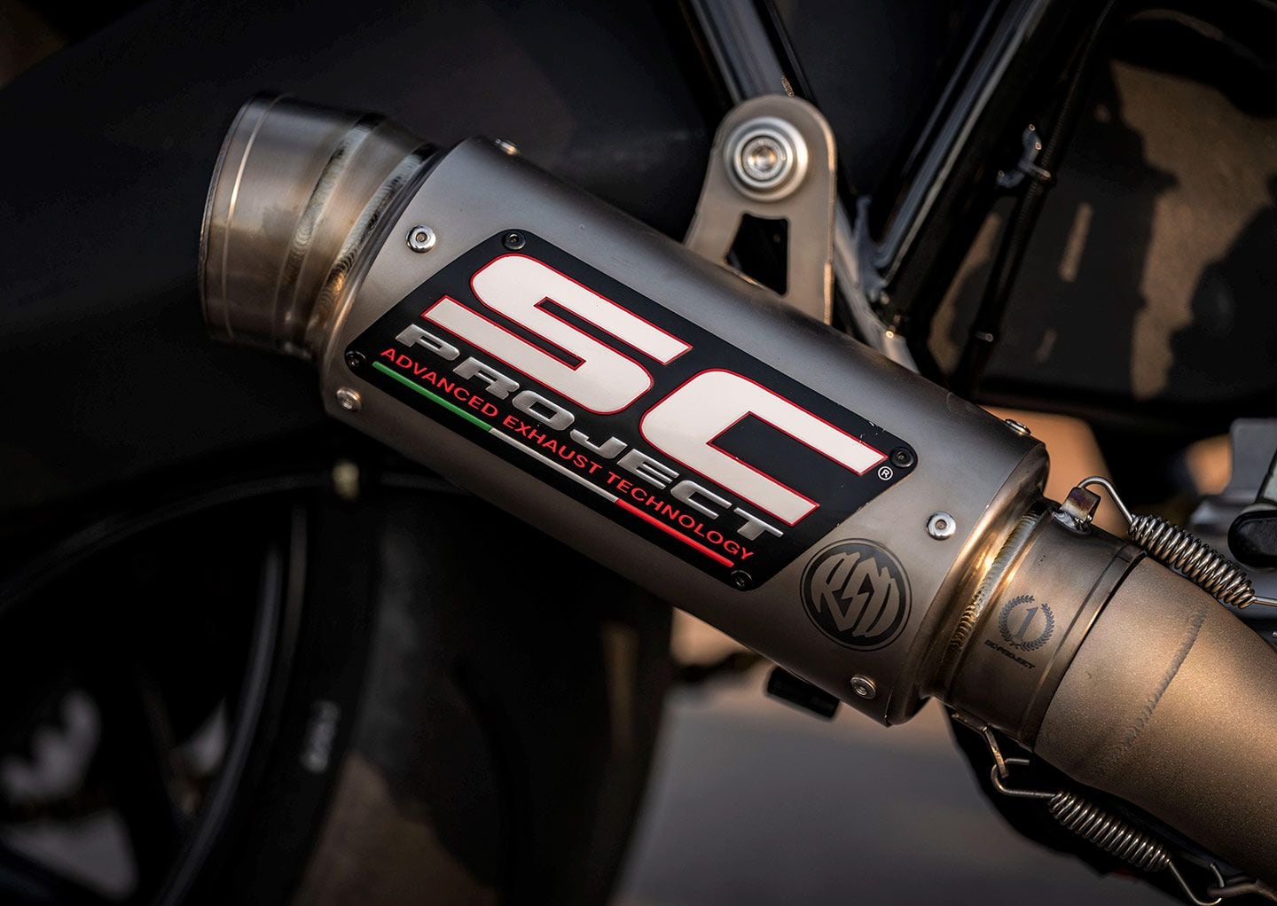 Italian-designed SC-Project titanium pipe on the concept bike; no word on whether it will make it onto the production model.