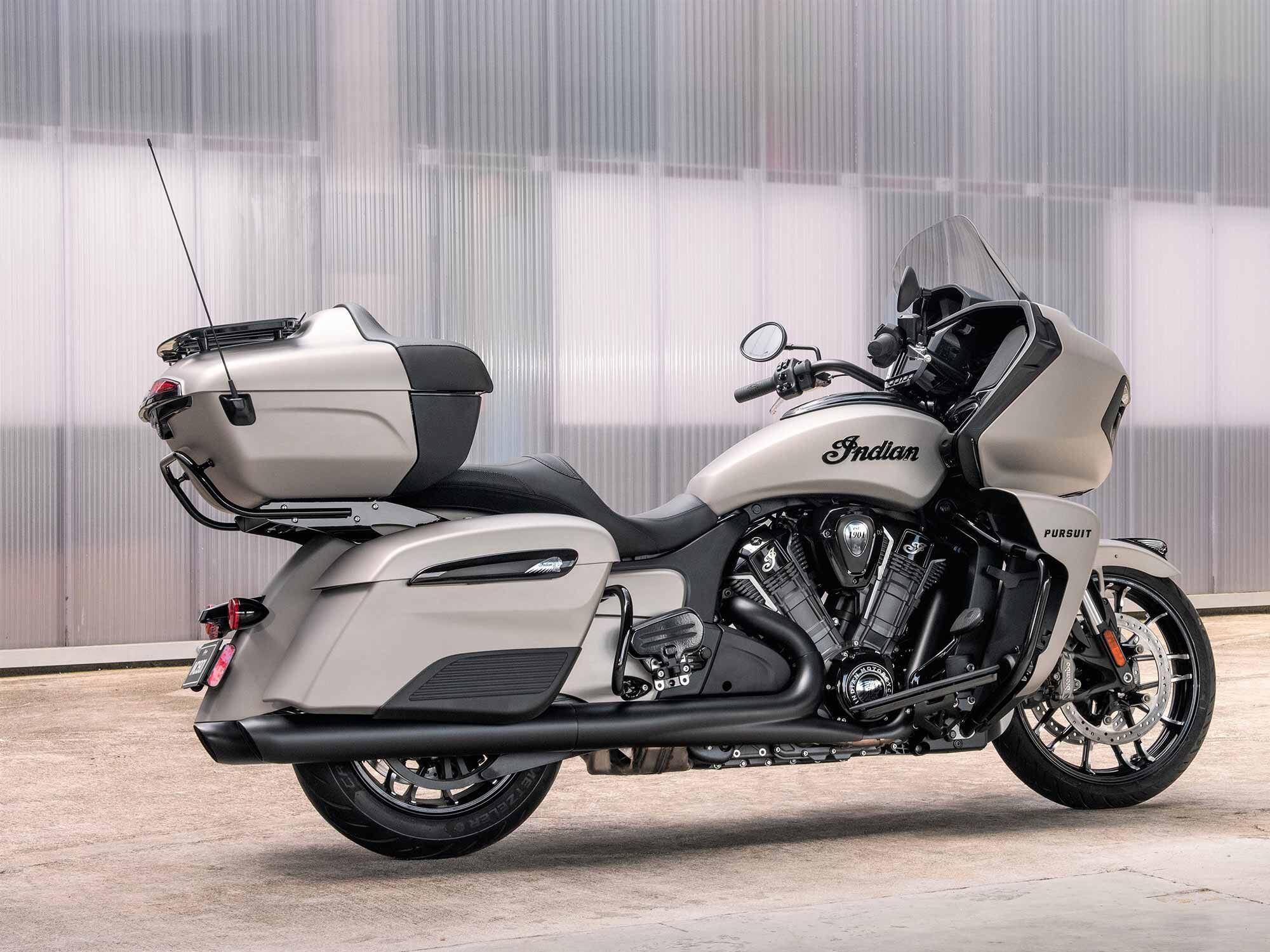 You can choose from Dark Horse or Limited options, both of which have the same engine, chassis, and fairing as the Challenger, but add a cargo trunk and other touring-friendly features. Here’s the Pursuit Dark Horse version.
