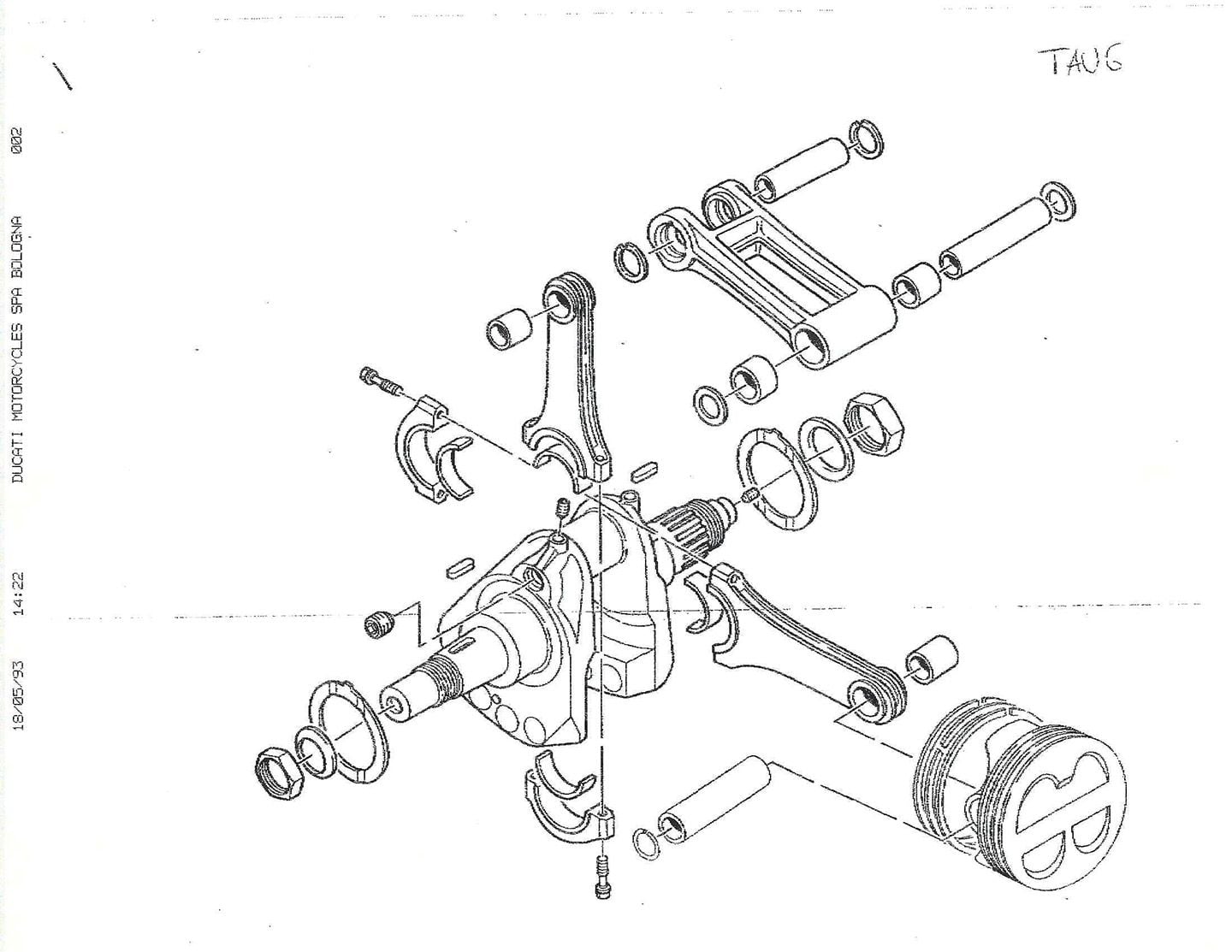 Another angle and different look at the 1993 Ducati Supermono engine internals. Two connecting rods, only one piston. Small print on the left edge of the image is the fax information: “Ducati Motorcycles SPA Bologna” from when it was sent to the Cycle World fax machine in May 1993.