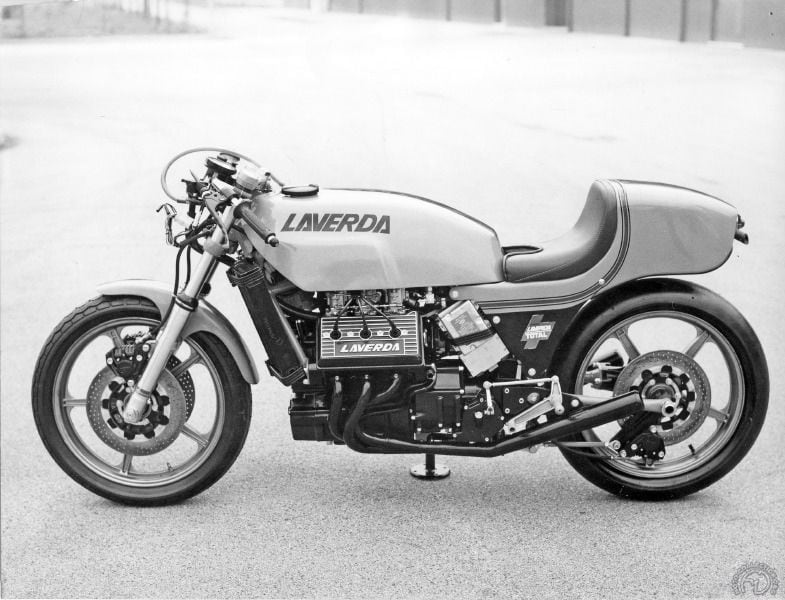 The spectacular Laverda V6, shown here without its fairing. Visually arresting and a bold attempt to dominate endurance racing, it never achieved anything like the success it promised.