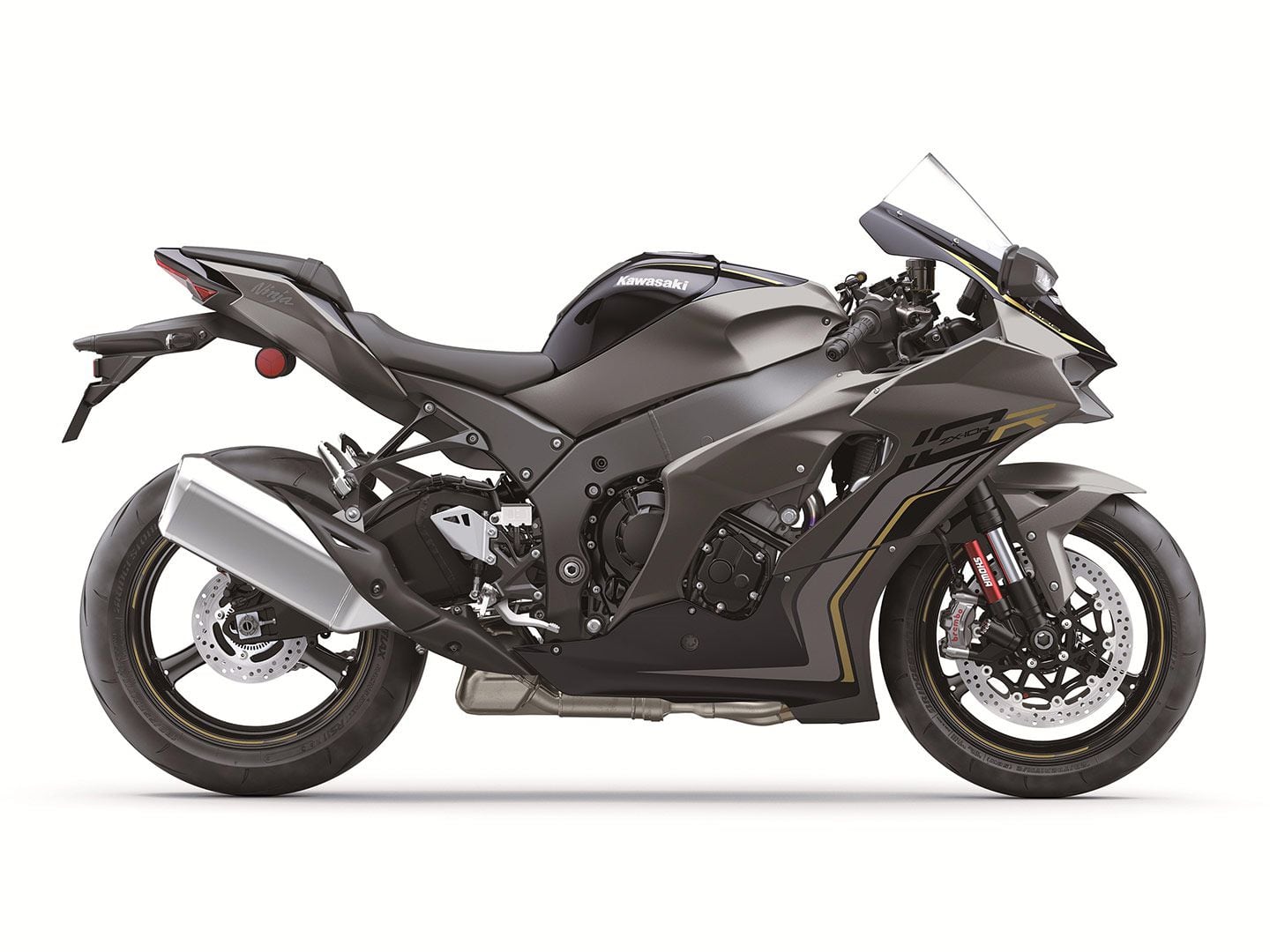 The 2023 Kawasaki Ninja ZX-10R is available in a gray/metallic black color. MSRP is $17,399