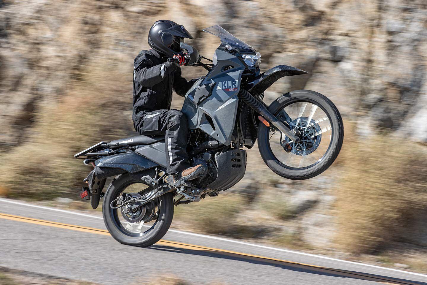 The KLR S' quick-revving nature and low-end torque are a great recipe for wheelies.