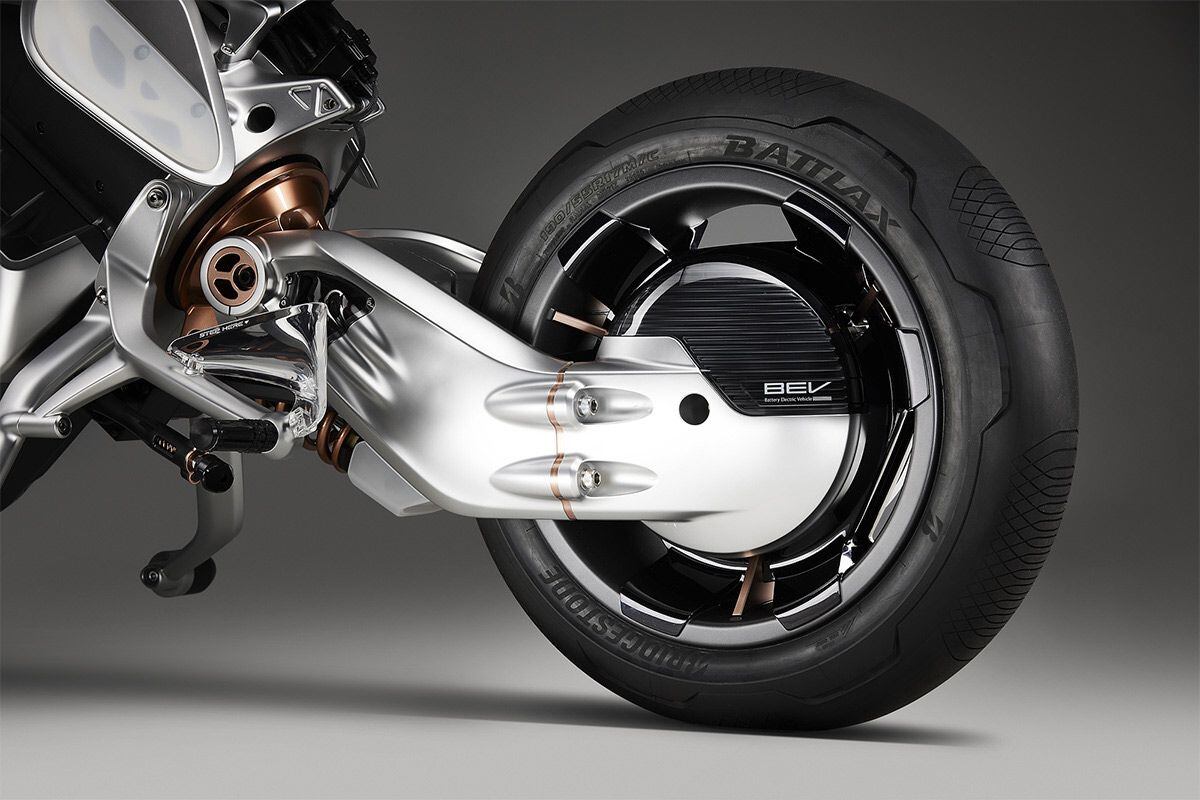 A view of the hub-mounted motor and beautiful swingarm.