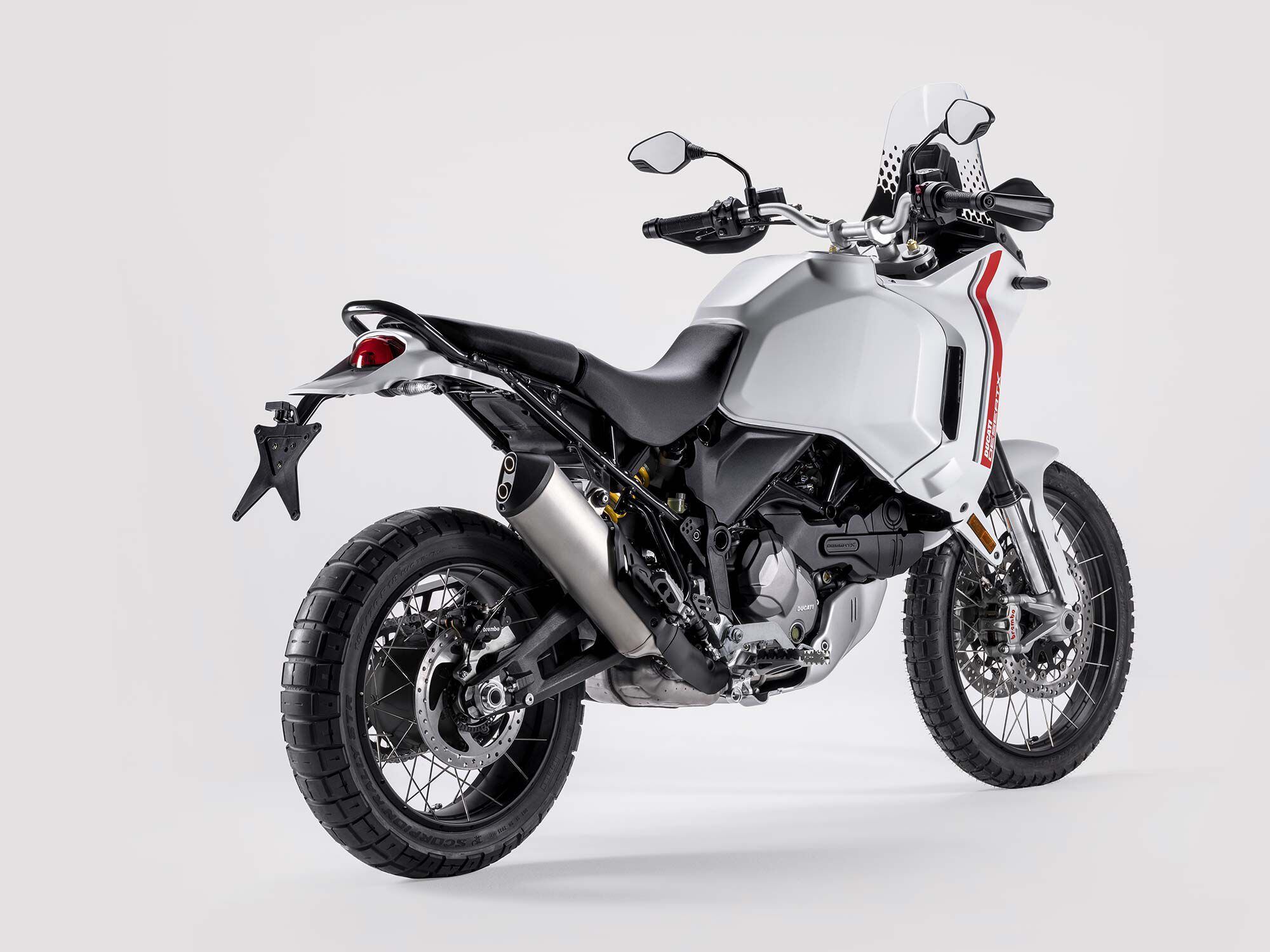 The DesertX takes an aggressive rally-like stance, including the off-road oriented 21-inch front and 18-inch rear wheels. It will be offered in this Star White Silk livery.