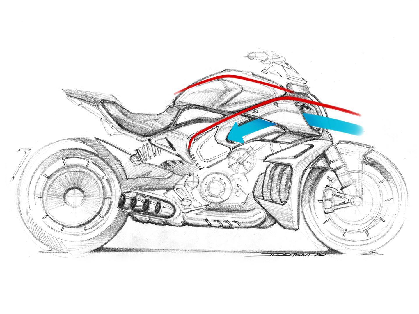 Julien Clément’s design sketch for the 2023 Ducati Diavel V4. Note how the exhaust and radiator shrouds differ from the final version.
