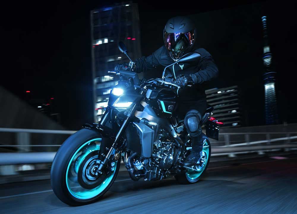 Yamaha-MT09-Action.jpg | The 2024 Yamaha MT-09 sharpens the aggressive look and tweaks the ergonomics to match.