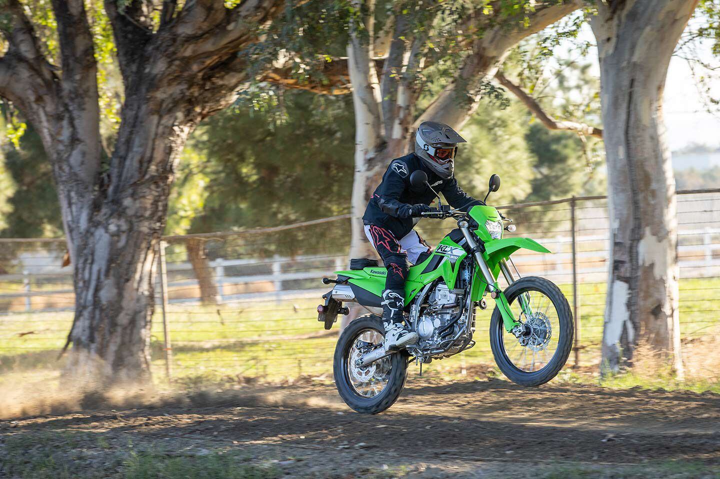 The KLX300’s OE-fitted Dunlop D605 tires hook up on nearly every riding surface.