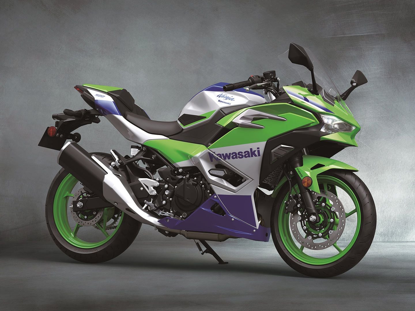 The 40th anniversary edition celebrates 40 years of Ninja motorcycles…with a paint scheme reminiscent of a mid-’90s (i.e., 30-year-old) Ninja. Details, details. The green/white/blue looks so good we hope Kawasaki keeps using it beyond 2024.