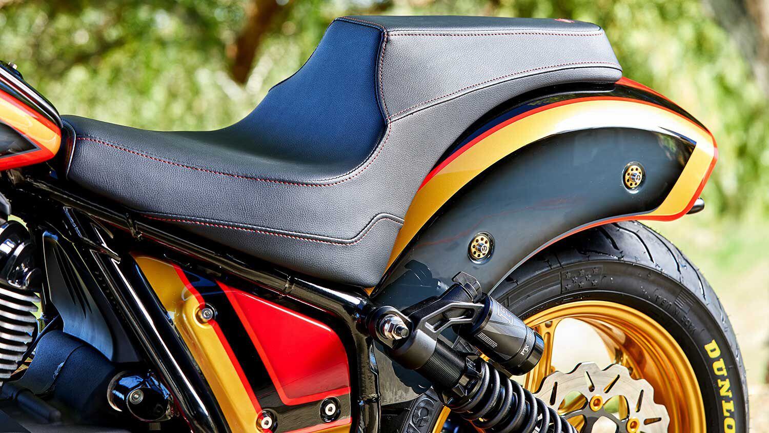 In keeping with the performance theme, Saddlemen stepped in with a stepped, dragster-style seat to replace the wide, scooped stock unit.