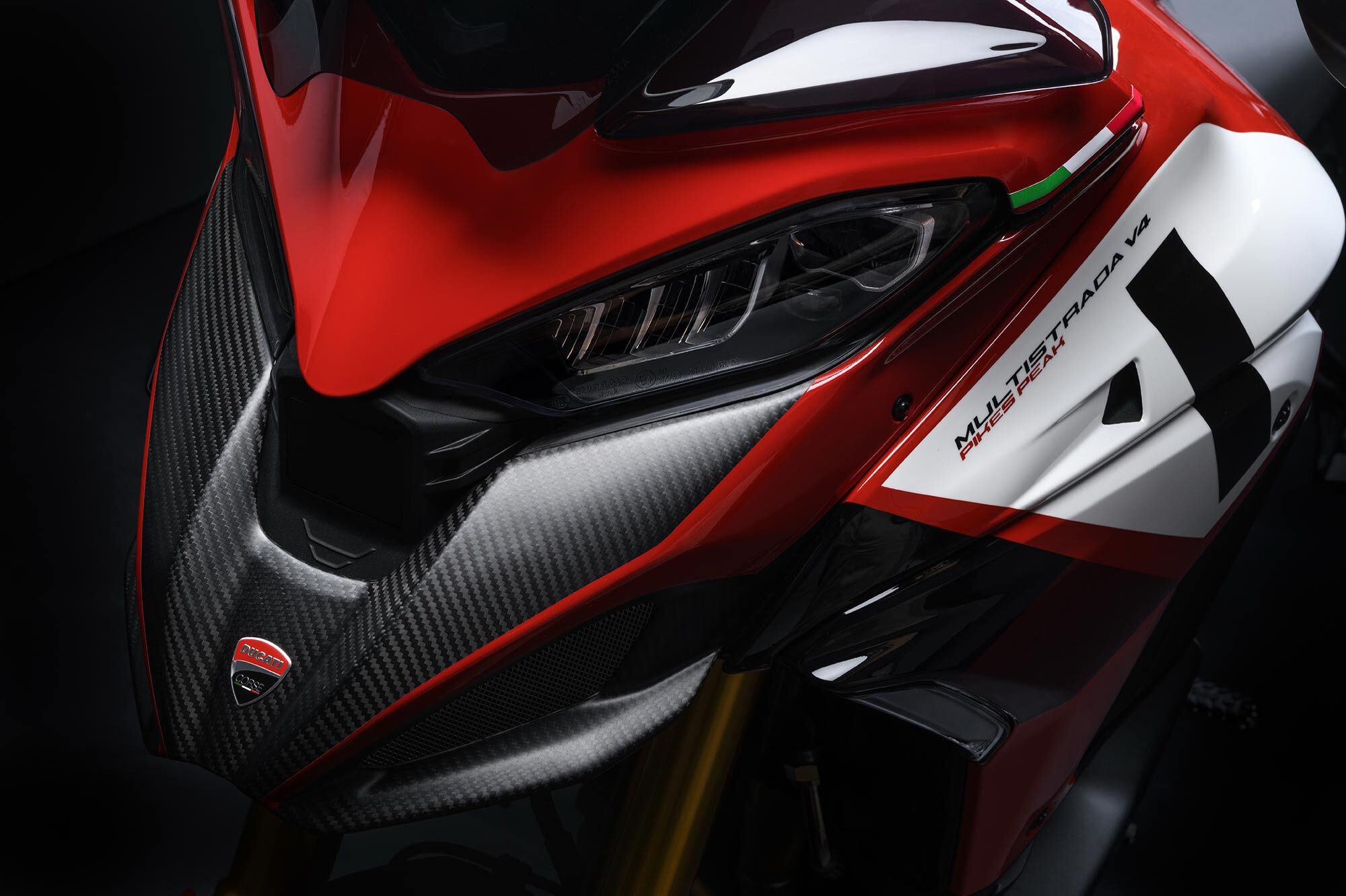 Carbon fiber bodywork and new wheels shave more than 9 pounds from the Multistrada, in addition to changing the bike’s look.