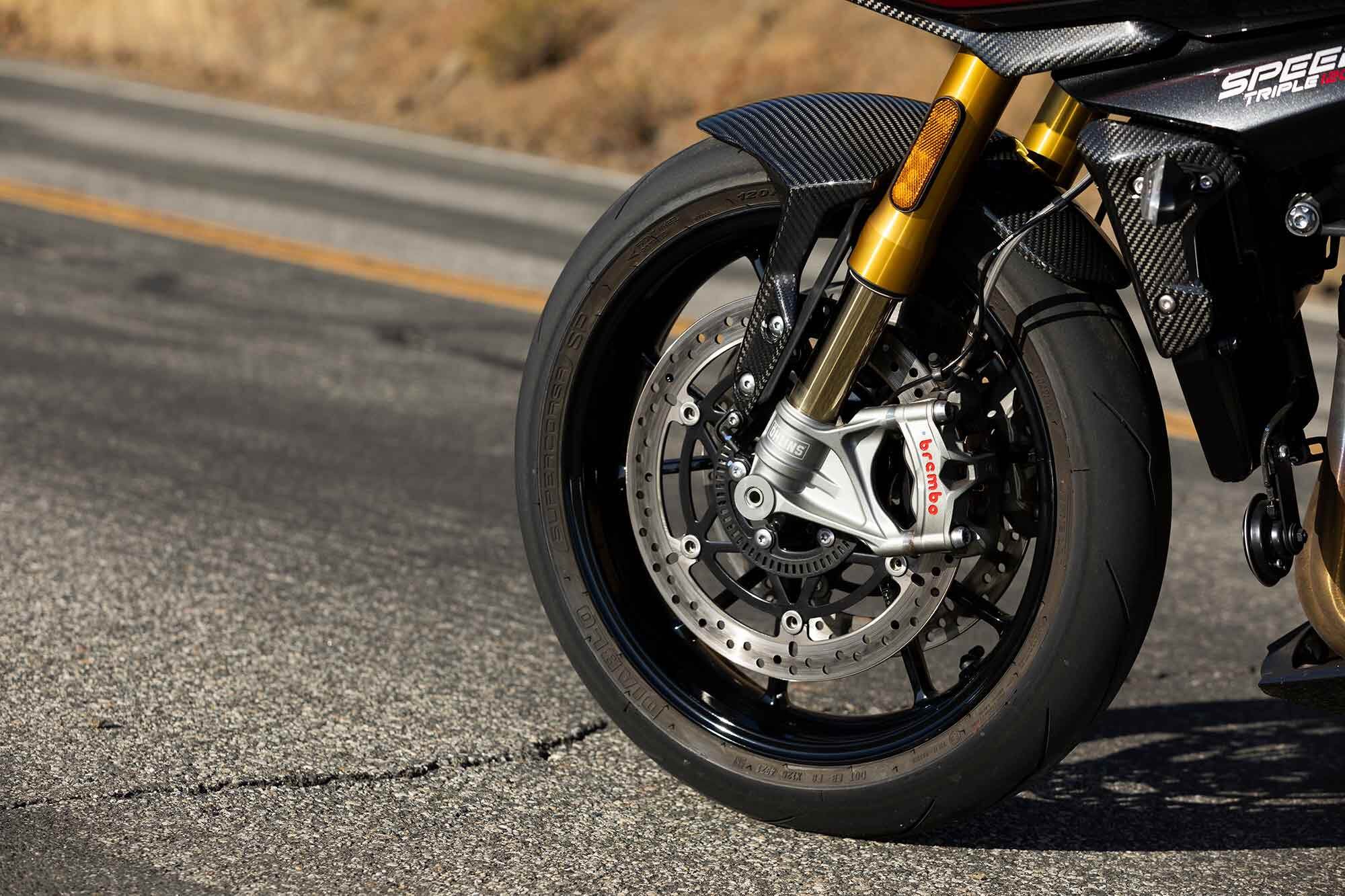 Brembo Stylema clippers and dual 320mm rotors slow the Speed Triple 1200 RR with authority and excellent feedback.