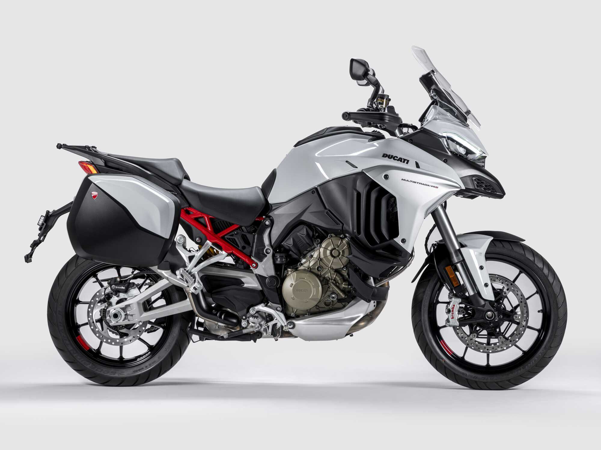 A view of the Multistrada V4 S with saddlebags removed. The Multistrada V4 models have been a spectacular success for Ducati, and 2022 updates add key improvements.
