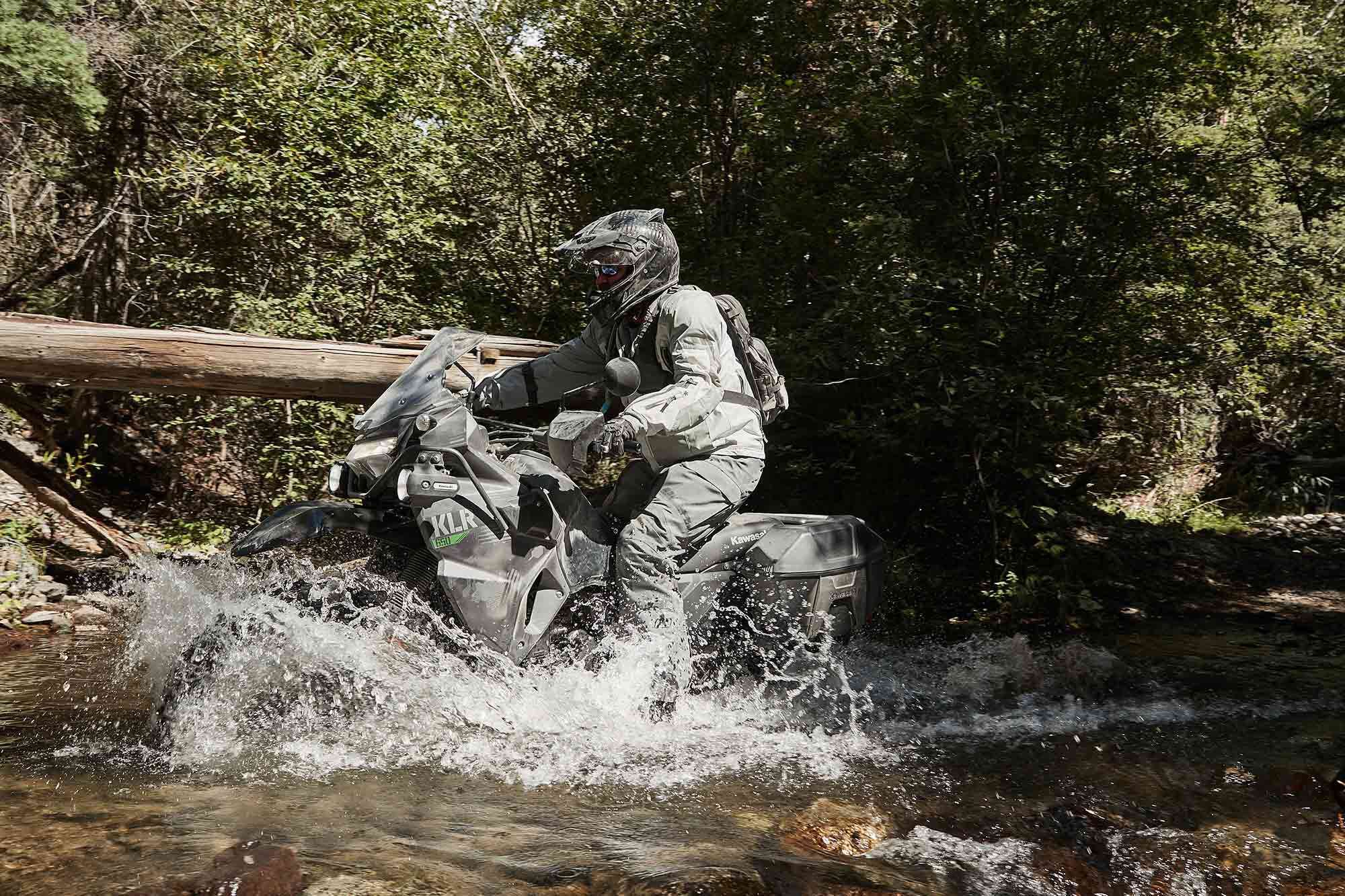 In slower and technical situations, you can feel the KLR650’s 483 pounds, and the rubber-isolated footpegs don’t provide a solid connection to the bike.