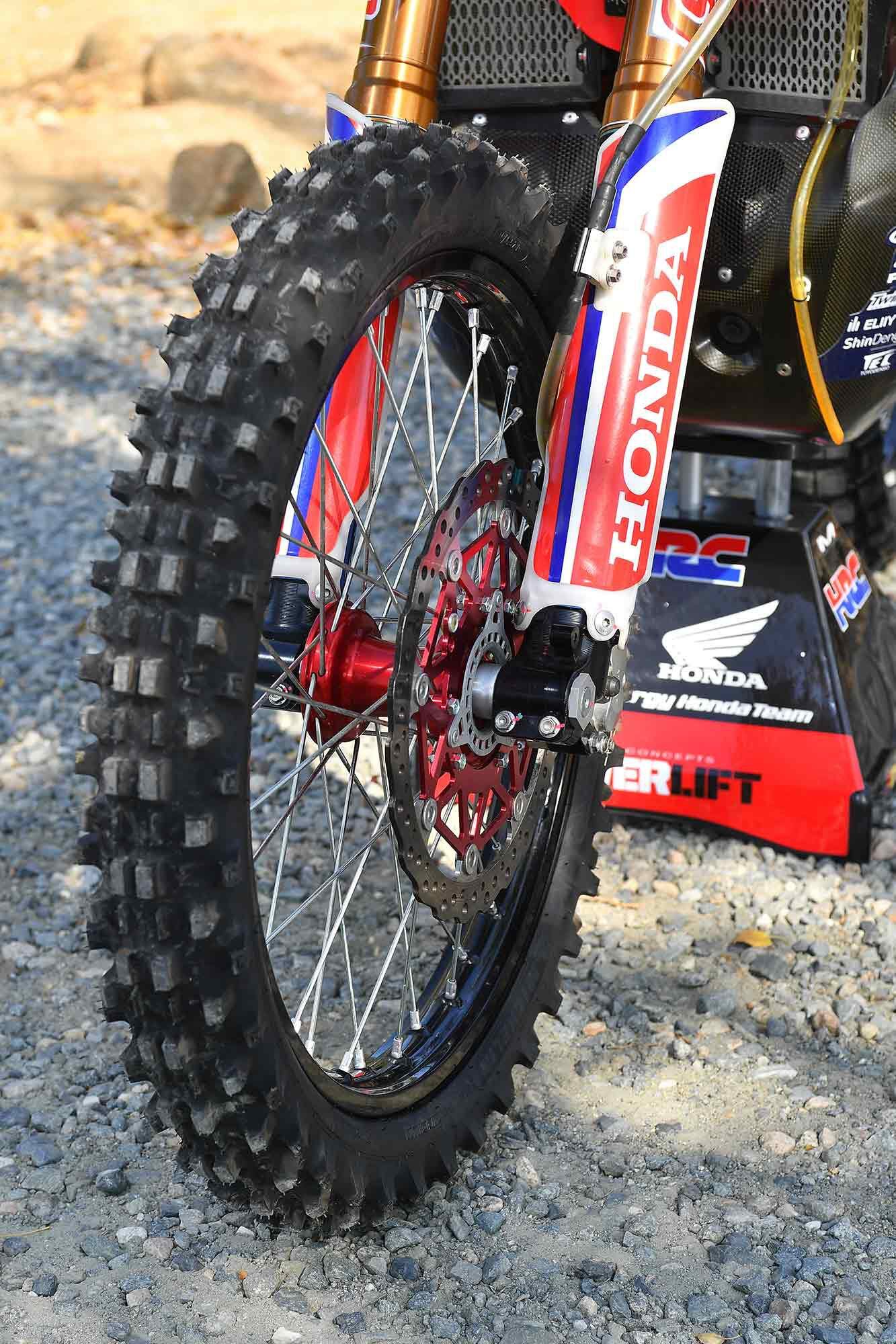 Since the navigation equipment can be ditched for Vegas to Reno, JCR removed the speed sensor on the front wheel and machined a spacer to take its place. An added benefit is quicker wheel changes. In the same vein, in back JCR pinned the axle blocks in place—a trick developed in its winning Baja bikes. Campbell claims a full service (changing both wheels and filling all three gas tanks with nearly 9 gallons of premium) at the halfway point of V2R will only take about a minute! Of course, that’s with six guys working in close proximity and due care not to interfere with another’s task.