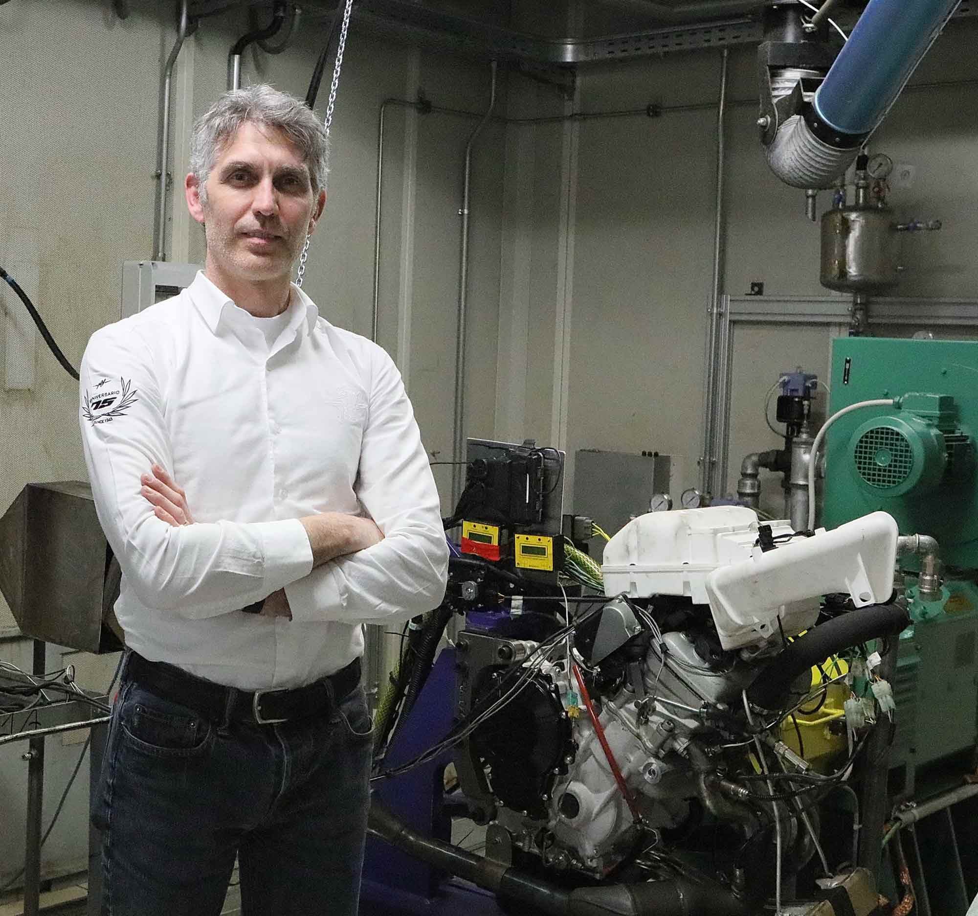 MV Agusta chief project engineer Dr. Brian Gillen standing next to his latest creation in the dyno room for its final power and homologation runs. The 950 features three catalytic converters and will be certified as Euro 5 compliant.