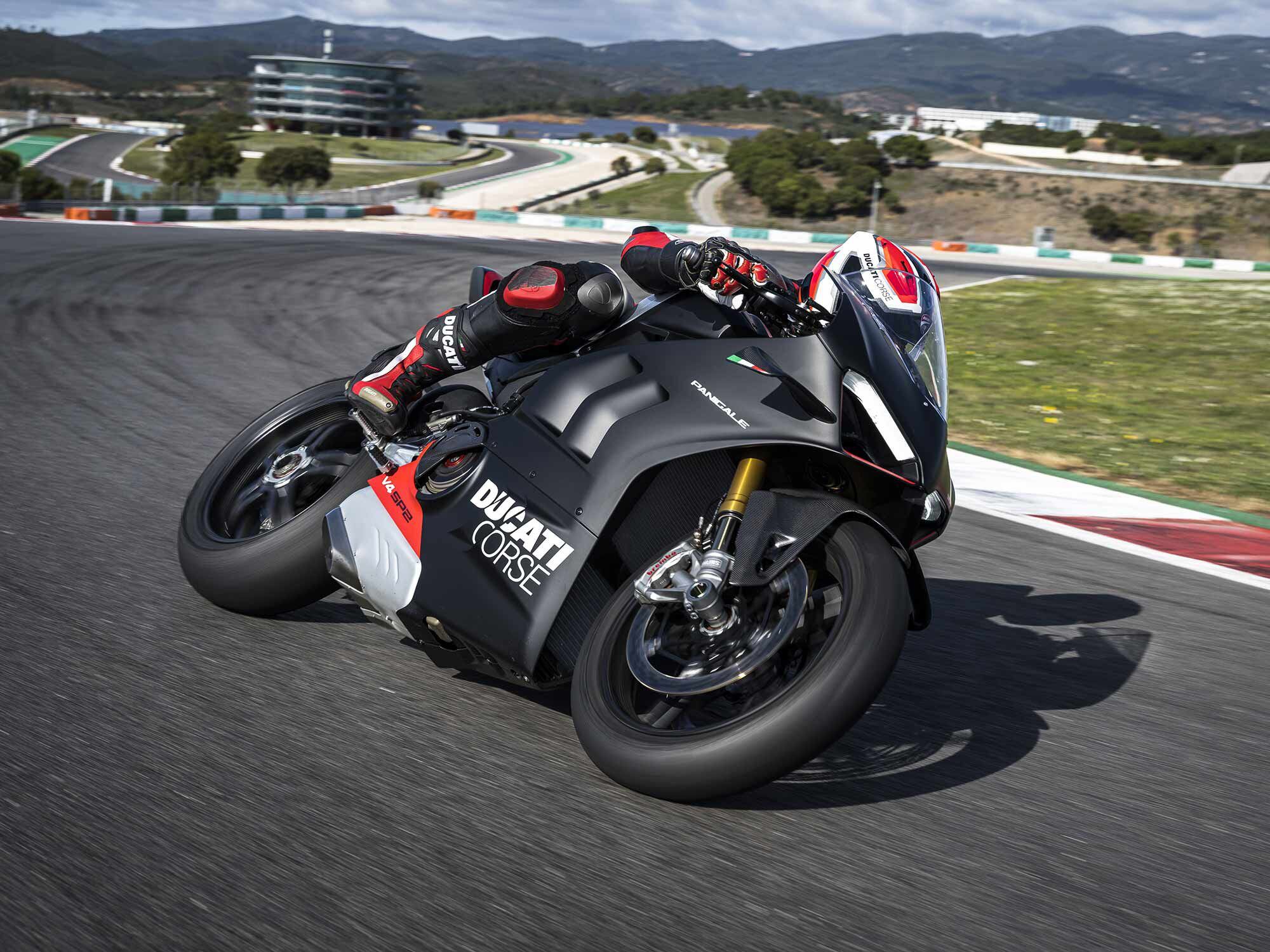 Ducati’s Panigale V4 models have a reverse-rotating crankshaft. The 2022 SP2 model also features carbon fiber wheels; Ducati claims it is the most agile Panigale to date.