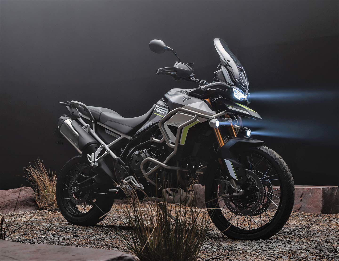 The 2024 Tiger 900 Rally Aragón Edition has a chunkier presence with added body protection and more subdued color scheme.