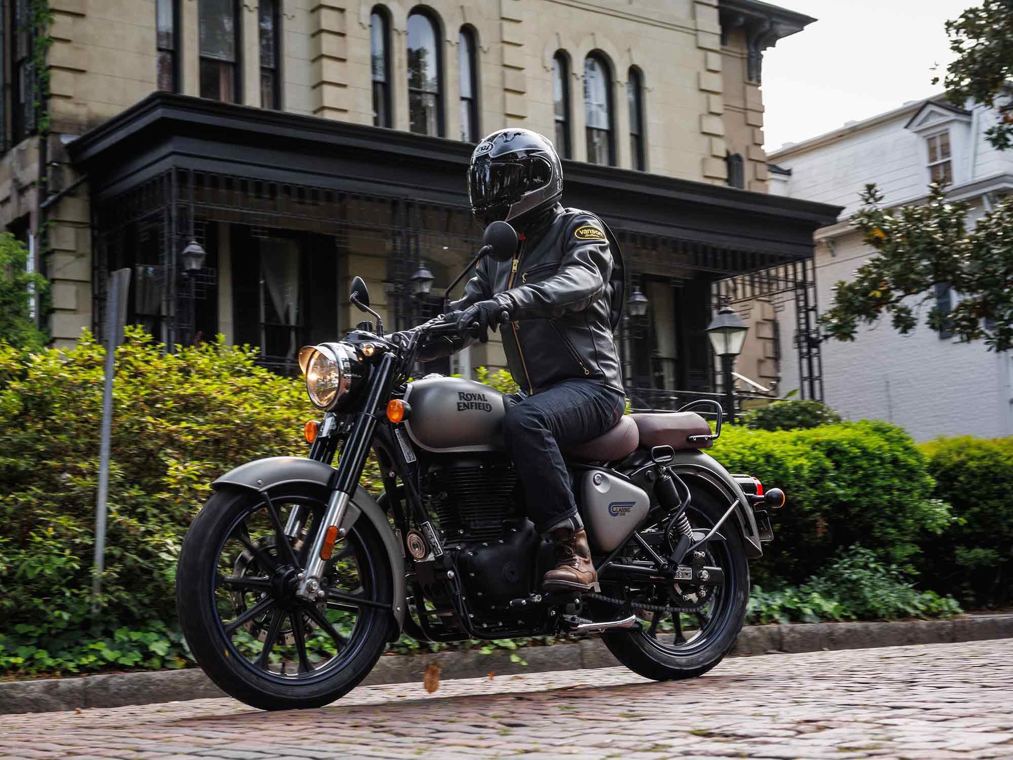 With a 31.7-inch seat height, the Classic 350 is accessible for riders with shorter inseams. One of the testbikes had a lower accessory seat installed, and a 5-foot-4 tester had no problem flat-footing. The rider triangle is generous, so even larger riders felt comfortable.